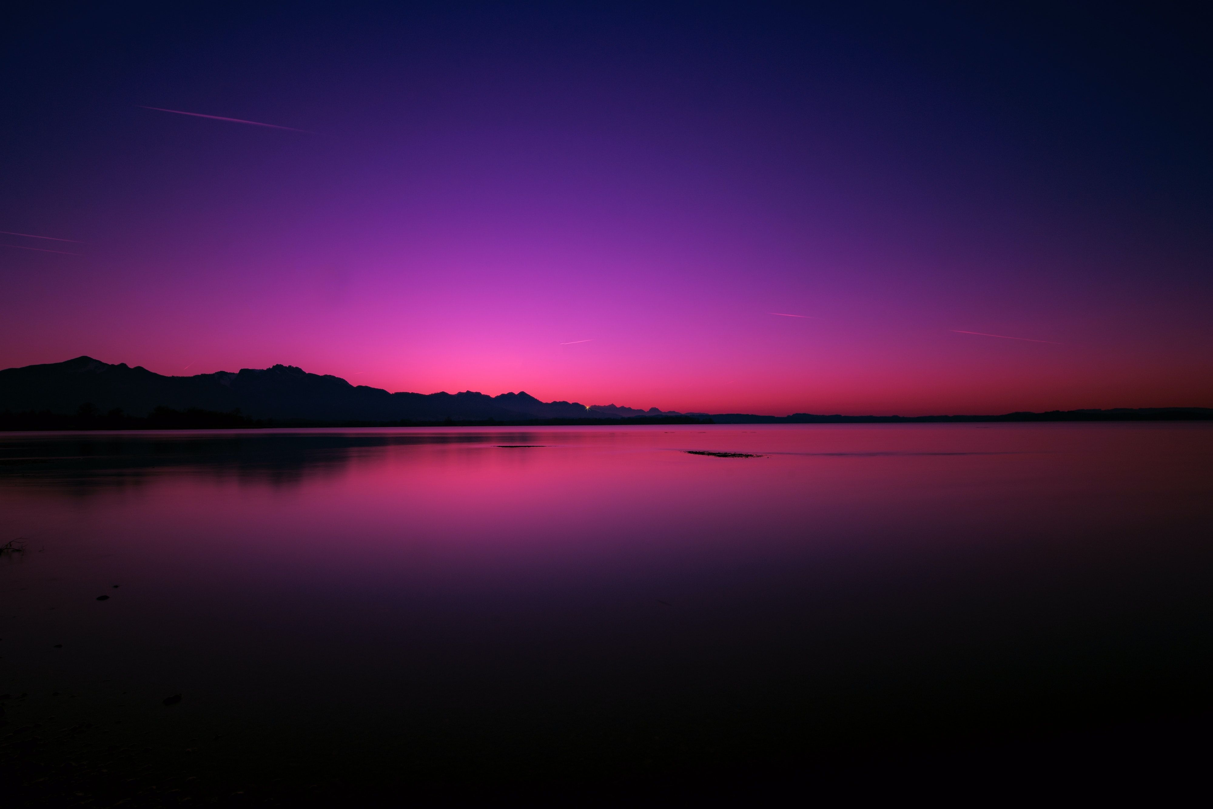 See, Abenddämmerung, Rosa Himmel, Minimalismus, Silhouette, 4K, PC-Hintergrundbild