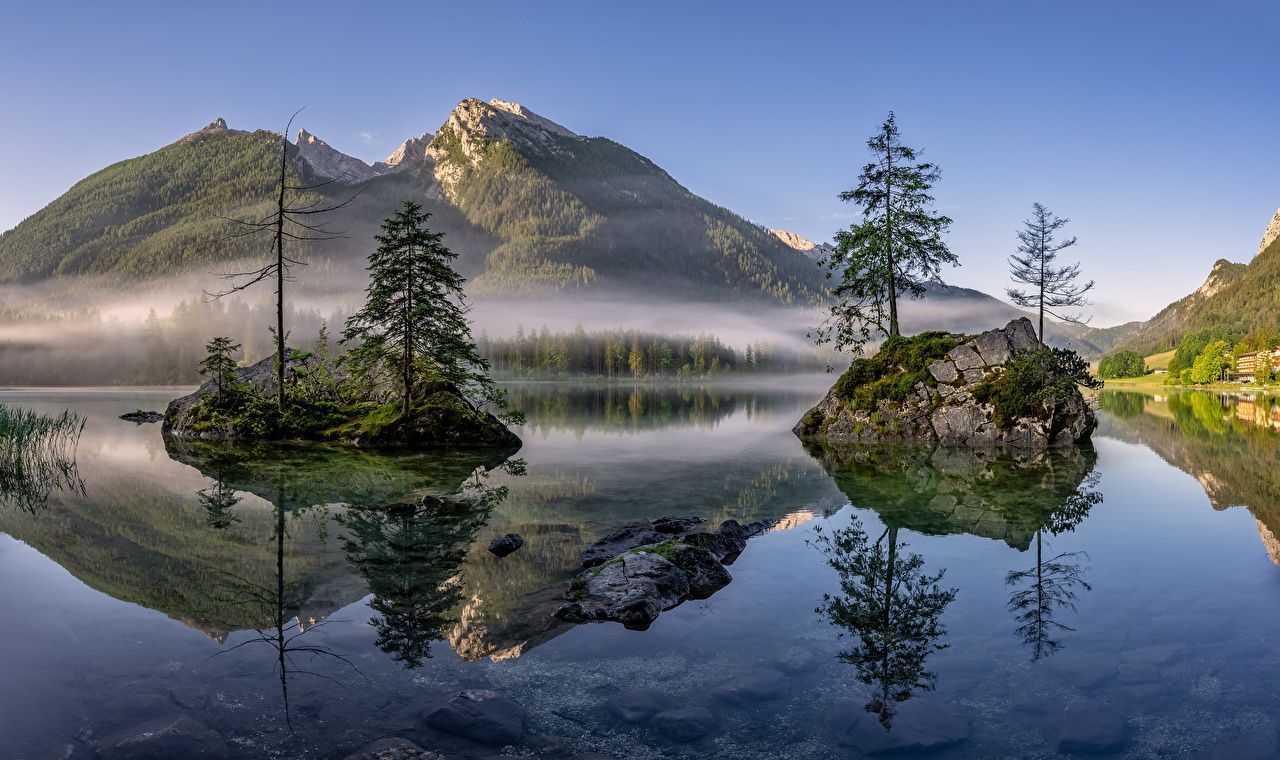 Hintersee, Berchtesgadener Land, Bayern, Inseln, Nebel, Spiegelung, HD, Windows-Hintergrundbild