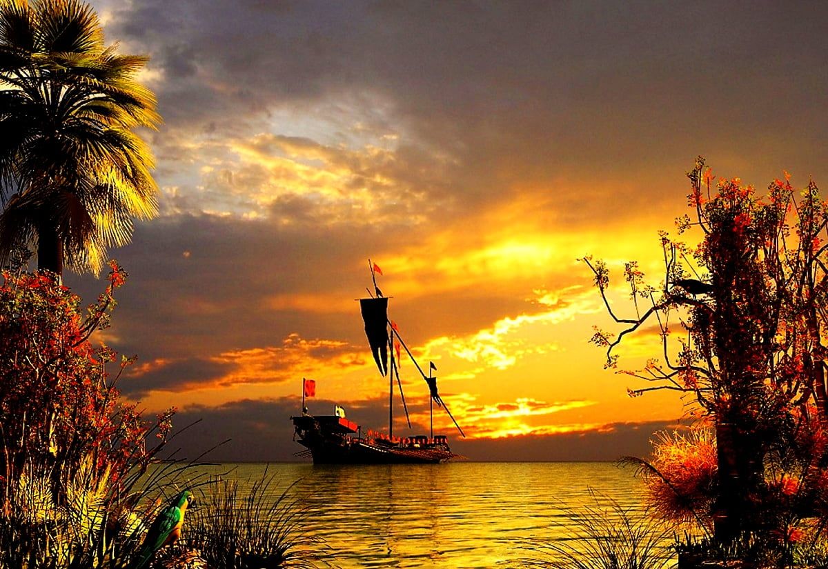 Segelschiff, Sonnenuntergang, Palme, Meer, Fantasy, Orange Himmel, Hintergrund