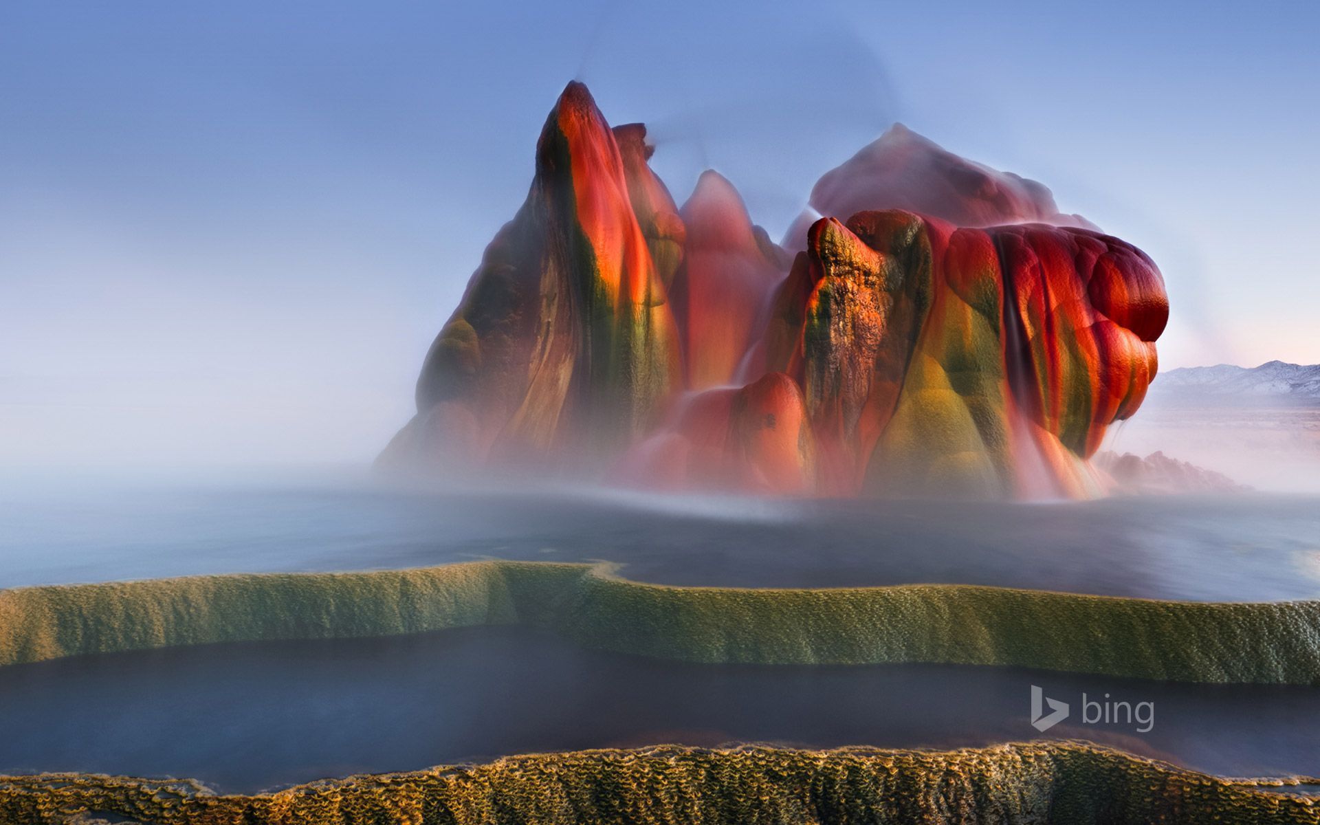 Fly Geyser, Nevada, USA, Geysir, Mineralablagerungen, Nebel, Full HD, Windows-Hintergrundbild