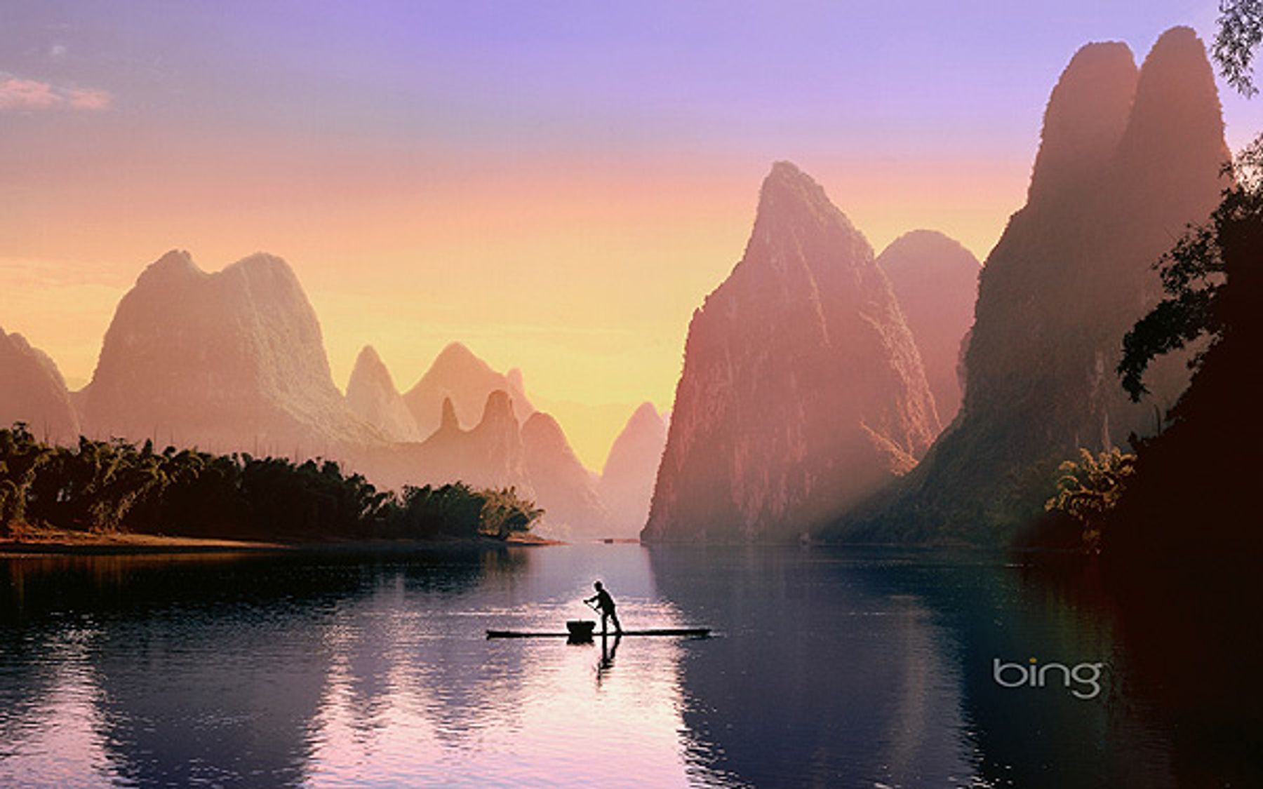 Li-Fluss, Guilin, China, Karstberge, Fischer, Bambusfloß, Sonnenaufgang, HD, Windows-Hintergrundbild