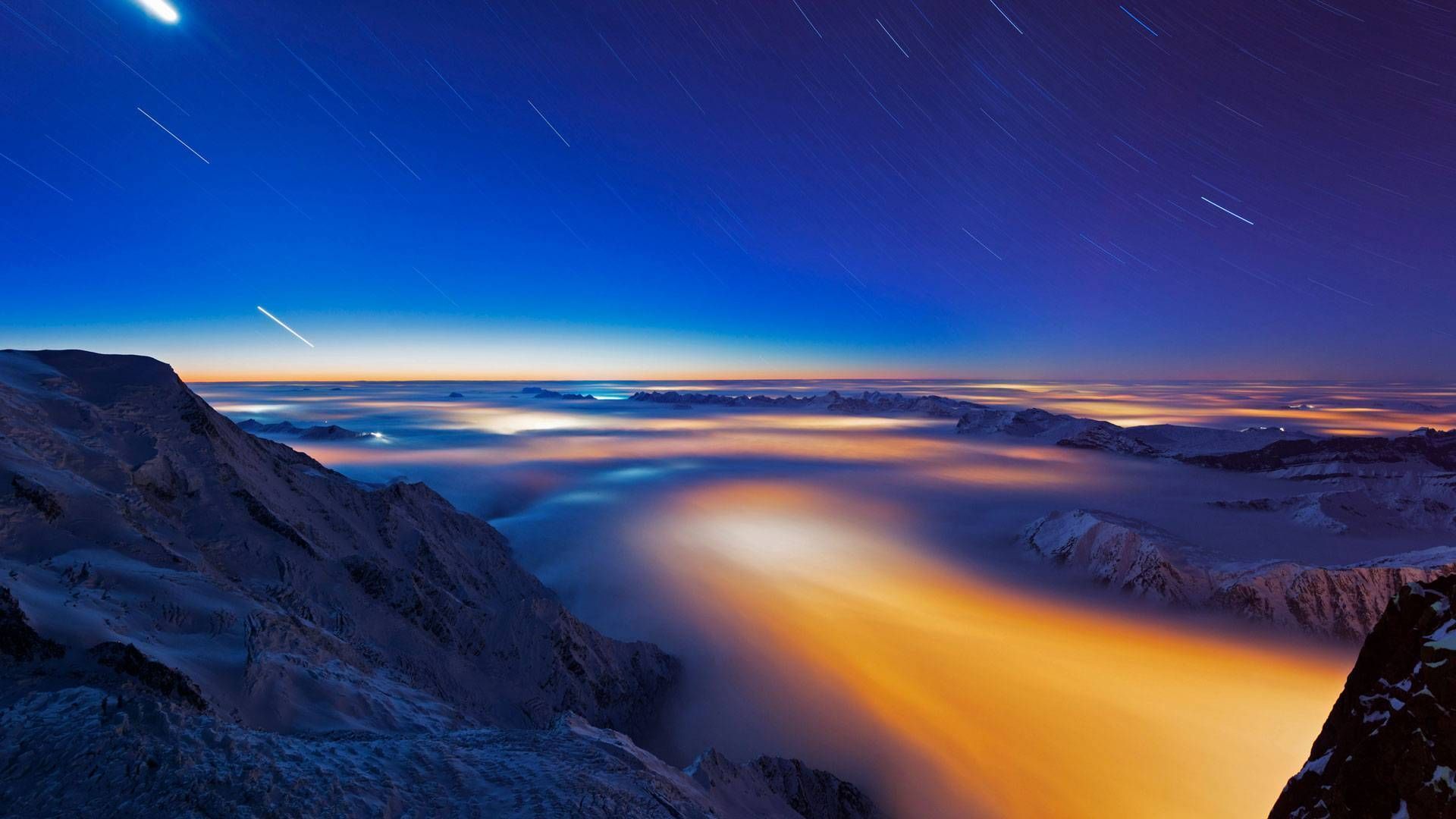 Nebelmeer, Lichtspuren, Felsen, Nacht, Sternspuren, Langzeitbelichtung, Full HD, PC-Hintergrundbild