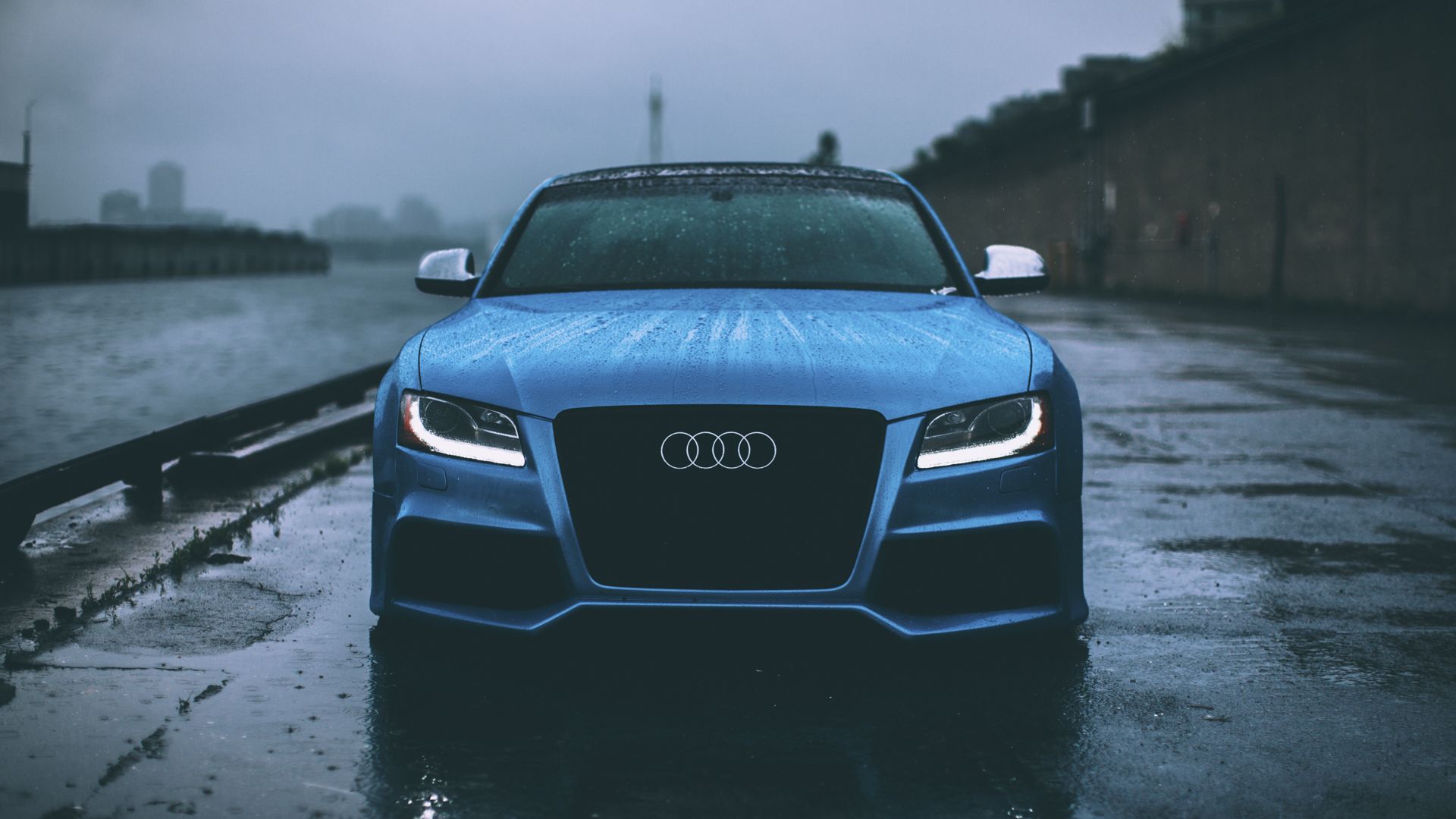 Audi S5, Blau, Regen, Nasse Straße, Frontansicht, Full HD 1080p, Desktop-Hintergrundbild