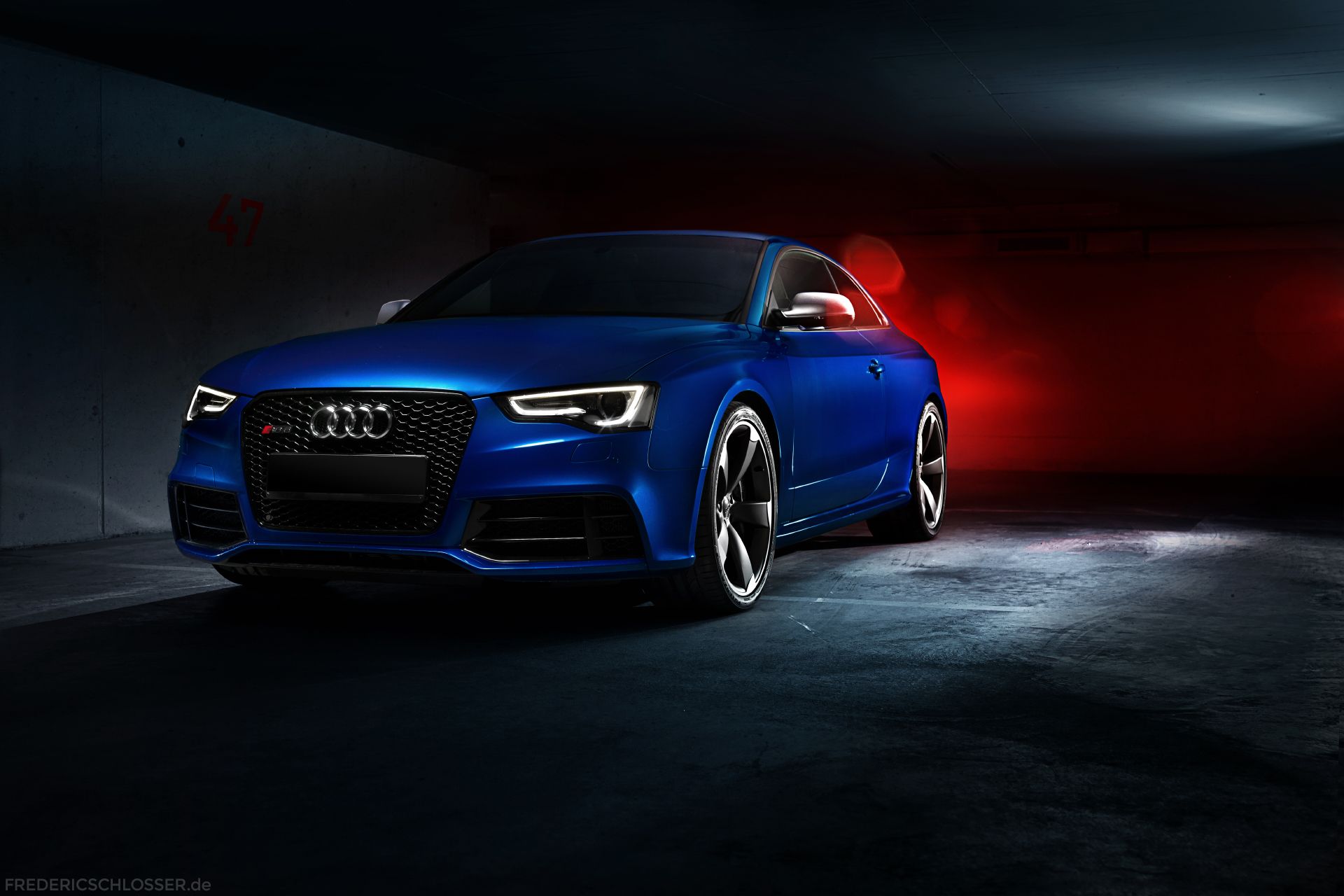 Audi RS5, Blau, Coupé, Rotes Licht, Dunkel, Full HD, Desktop-Hintergrund für Windows