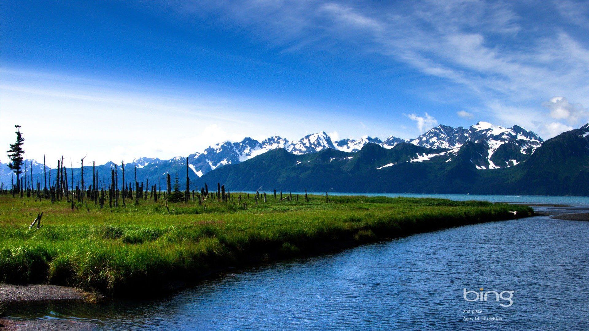 Fluss, Schneeberge, Wiese, Blauer Himmel, Wildnis, Bing, 1920x1080, PC-Hintergrundbild