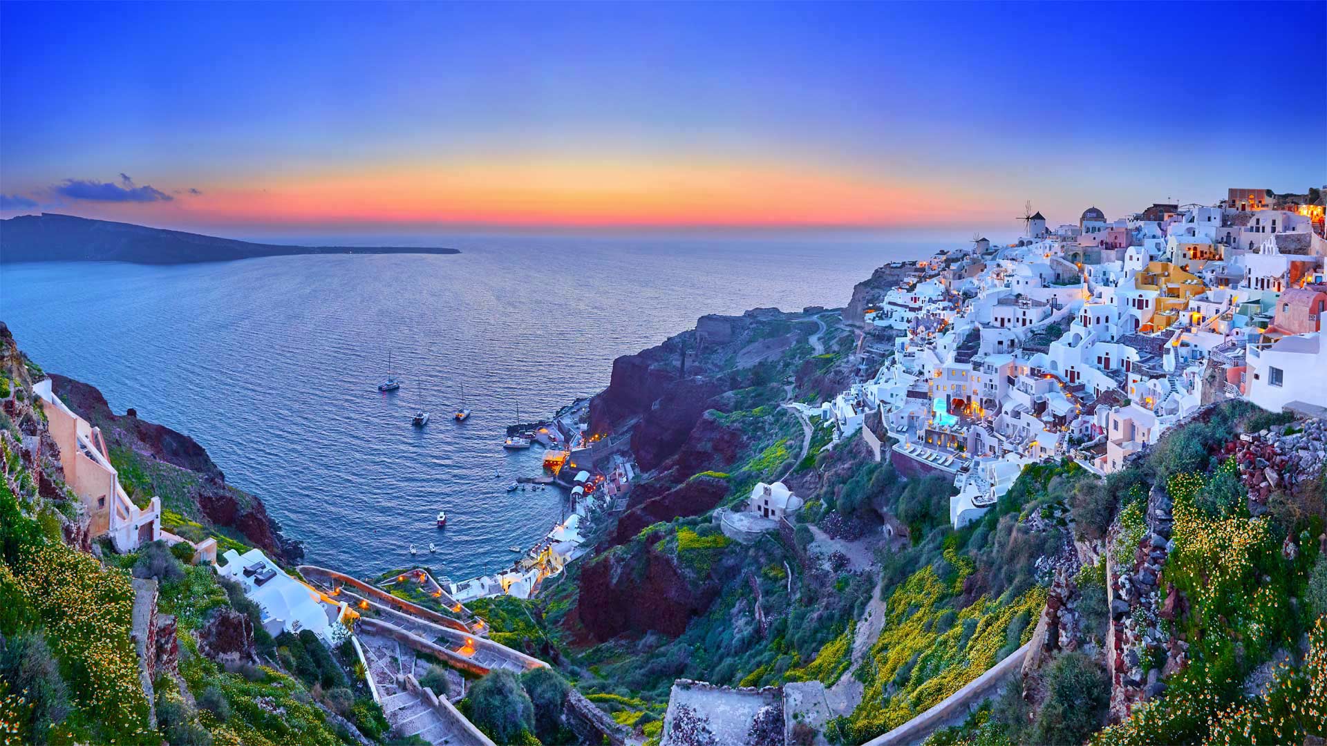 Oia, Santorini, Griechenland, Ägäis, Weiße Häuser, Sonnenuntergang, 1920x1080, Desktop-Hintergrund