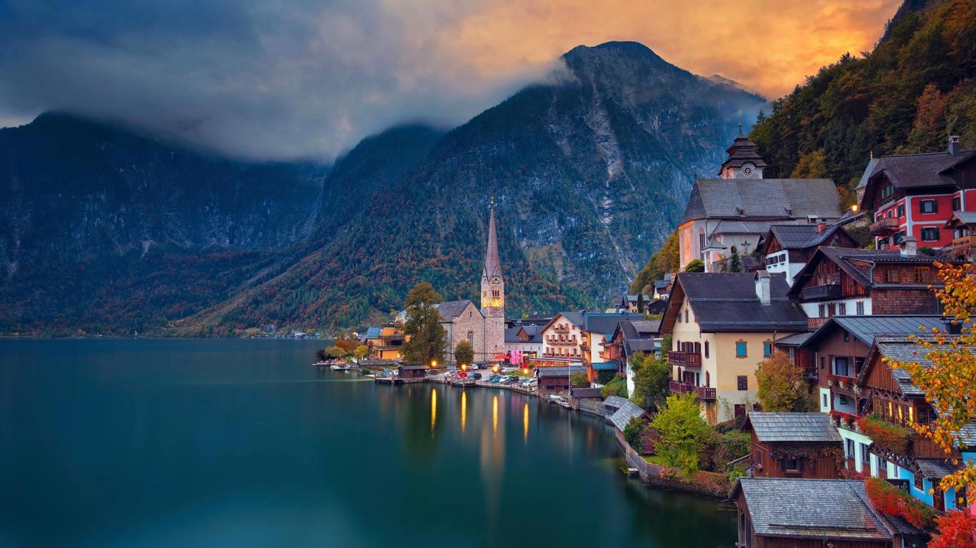 Hallstatt, Hallstätter See, Österreich, Kirche, Dorf, Berge, HD, Breitbild-Hintergrundbild
