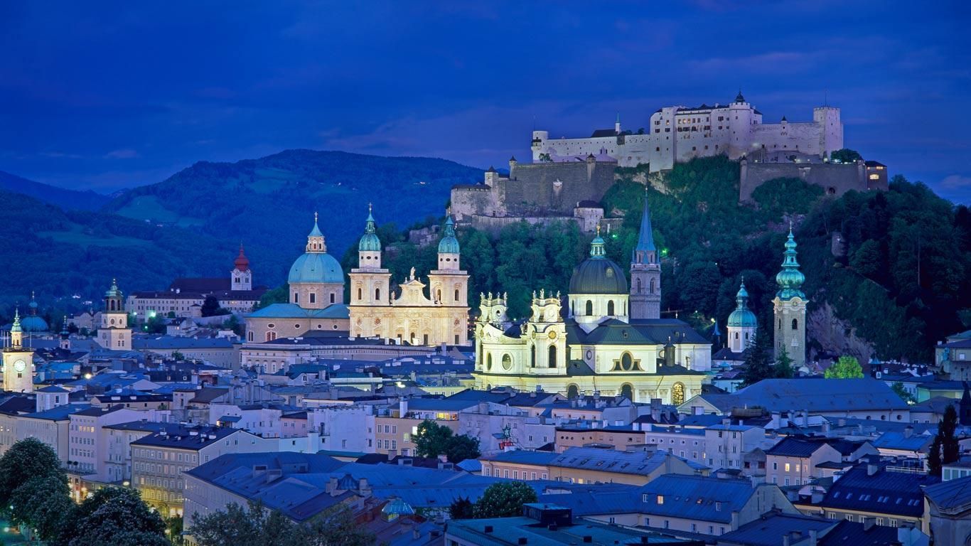 Salzburg, Festung Hohensalzburg, Salzburger Dom, Österreich, Altstadt, Blaue Stunde, HD-Hintergrund