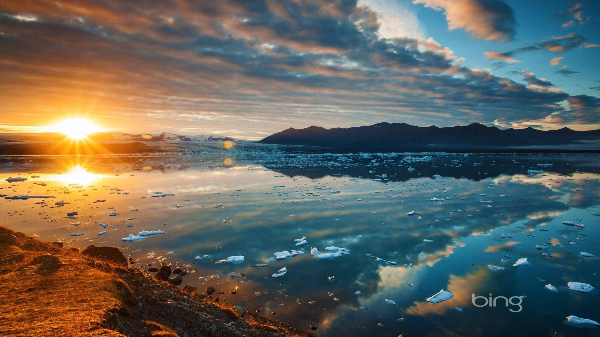 Eisschollen, Sonnenuntergang, Meer, Wolken, Arktis, Bing, Full HD, Breitbild-Hintergrundbild