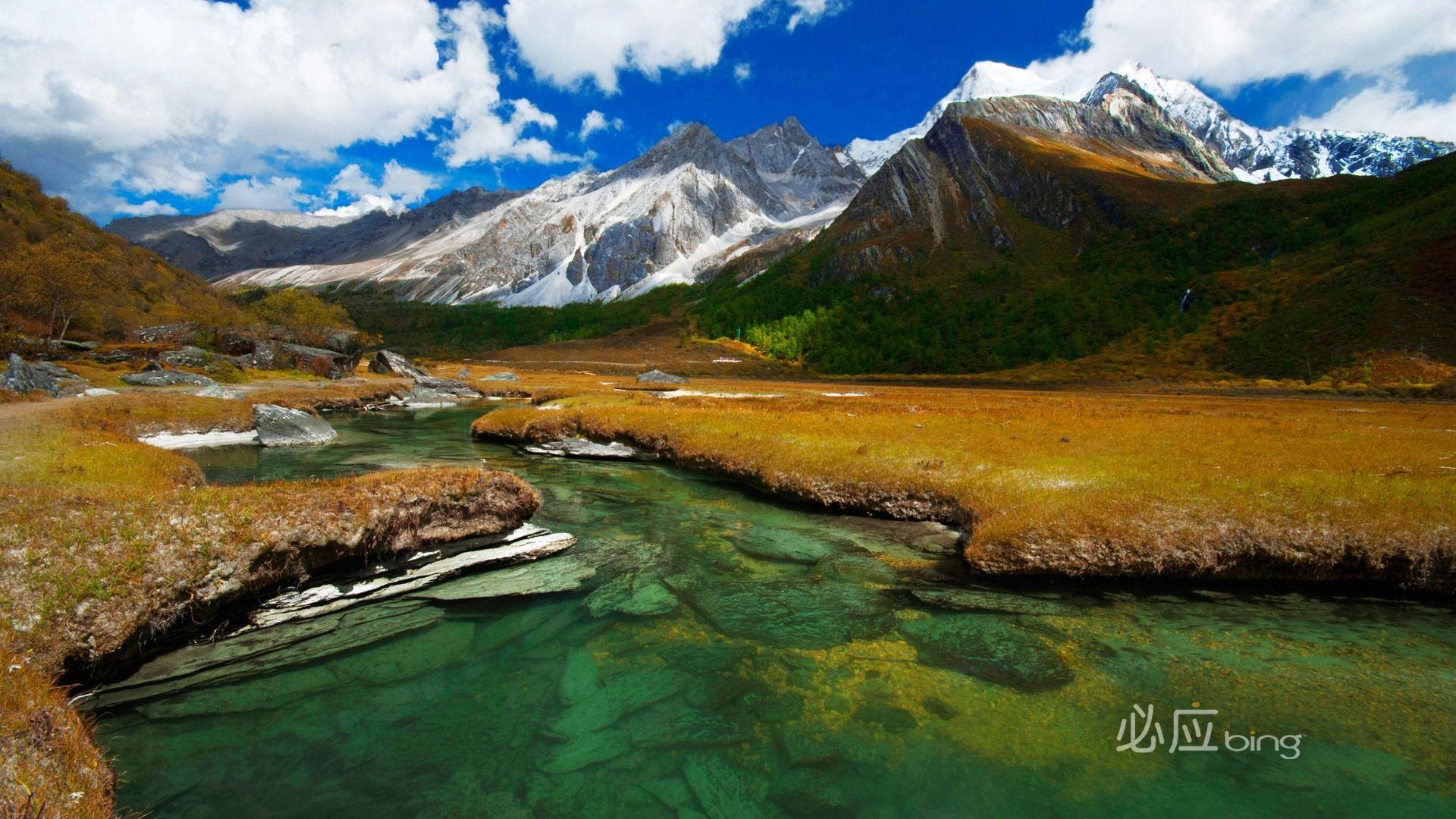 Gebirgsbach, Schneeberge, Tal, Gletscher, Grün, Bing, Full HD 1080p, Desktop-Hintergrundbild