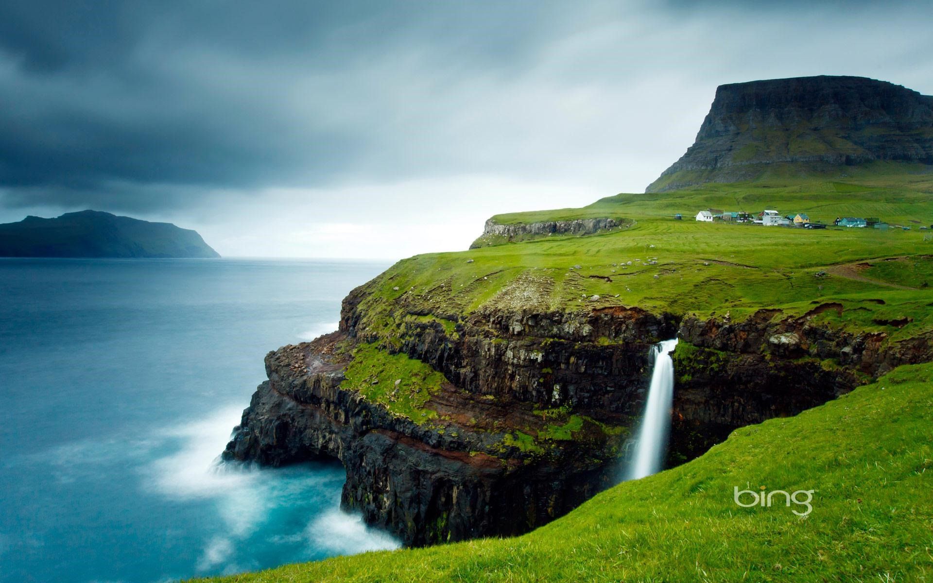 Múlafossur, Gásadalur, Färöer, Wasserfall, Steilküste, Grün, Full HD, Desktop-Hintergrund