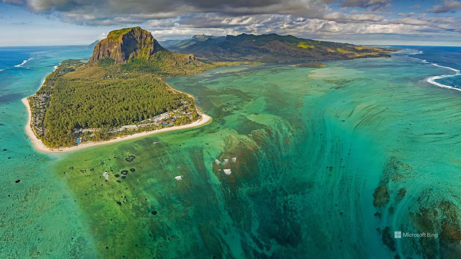 Le Morne Brabant, Mauritius, Unterwasser-Wasserfall, Lagune, Luftaufnahme, Türkis, 1080p Wallpaper