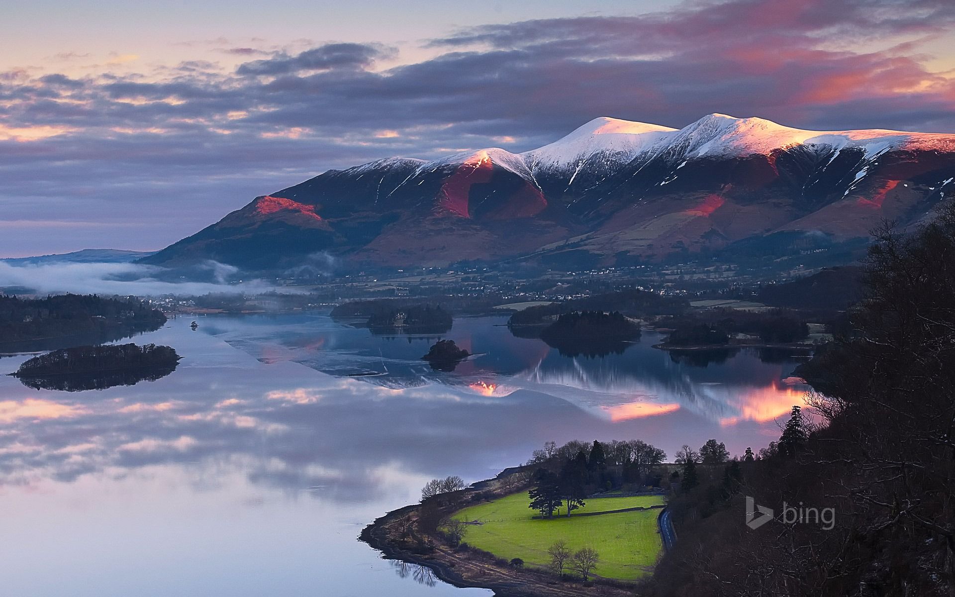 Derwentwater, Lake District, England, Skiddaw, See, Morgendämmerung, Nebel, Full HD, MacBook-Hintergrundbild