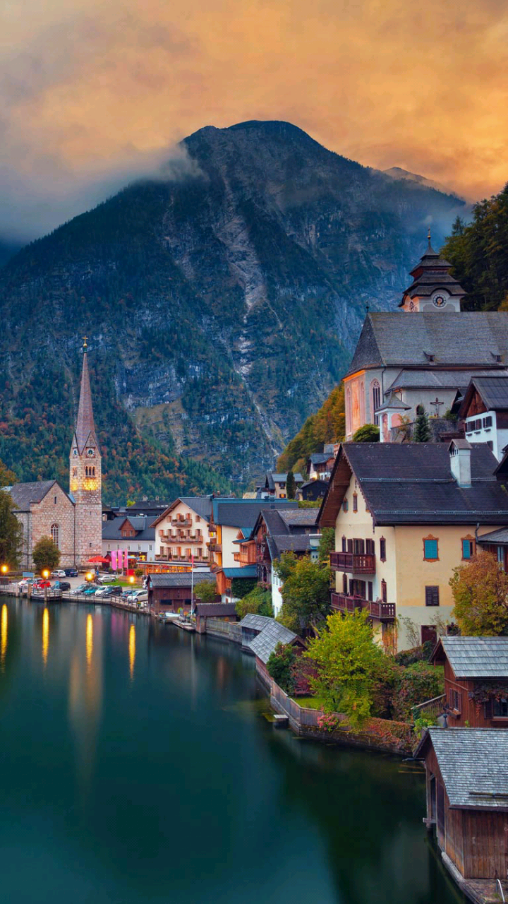 Hallstatt, Österreich, Kirche, See, Dorf, Hochformat, Hintergrundbild für iPhone und Android
