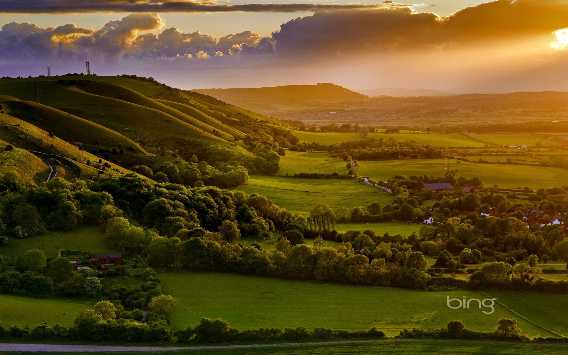Hügellandschaft, Grüne Wiesen, Felder, Abendlicht, England, Bing, Full-HD-Hintergrundbild für PC