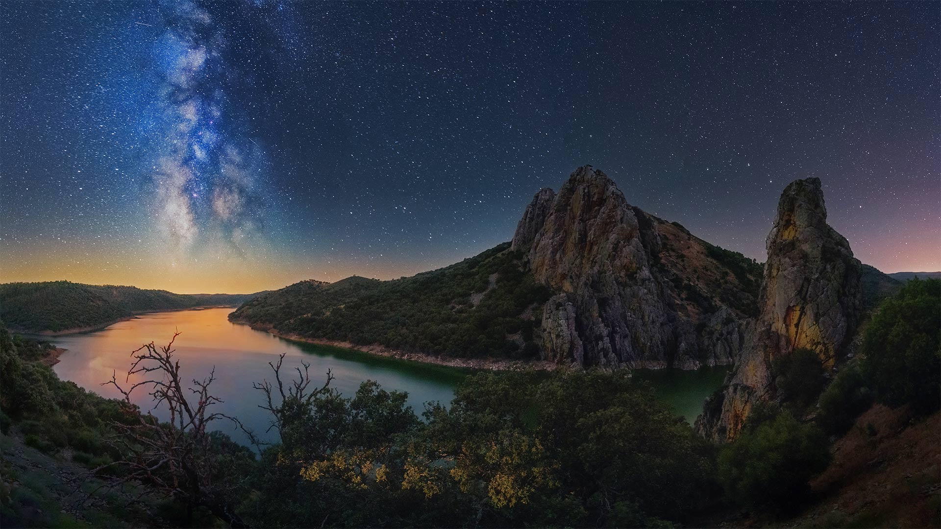 Milchstraße, Fluss, Felsen, Nacht, Sternenhimmel, Landschaft, Full HD, PC-Hintergrundbild