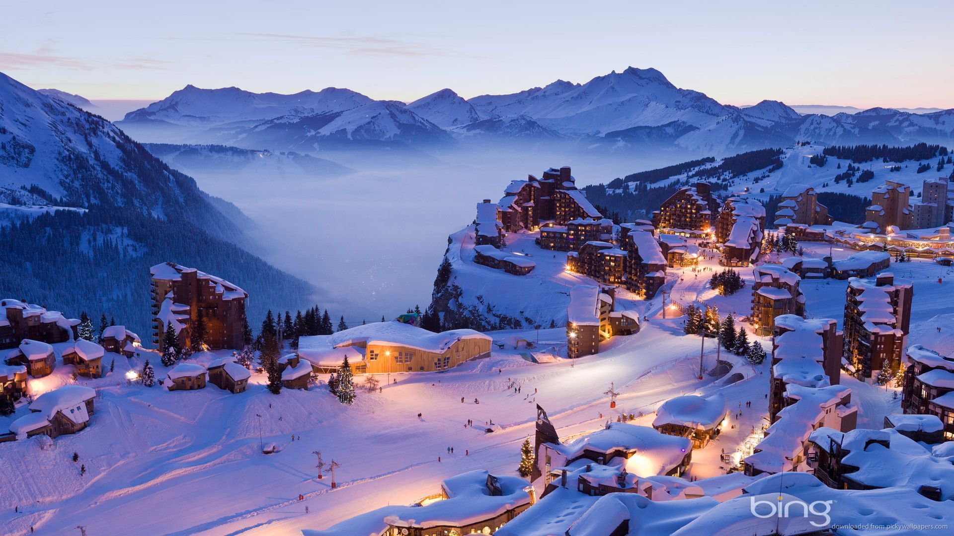 Skiort, Alpen, Schnee, Chalets, Abend, Winter, 1920x1080, Full-HD-Hintergrundbild für PC