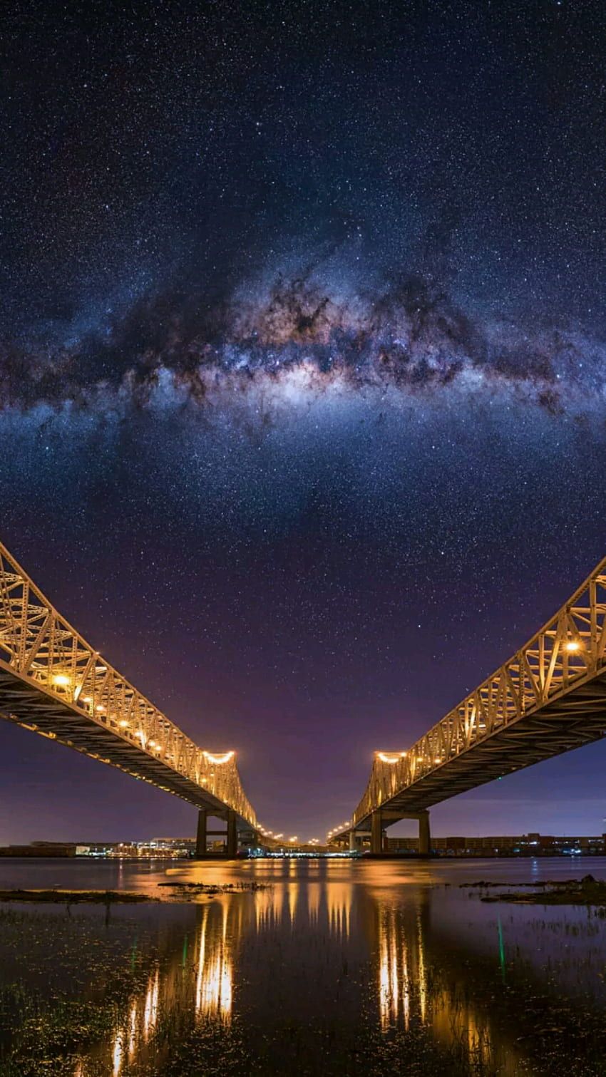 Brücke, Milchstraße, Nacht, Lichter, Hochformat, Spiegelung, HD, iPhone-Hintergrundbild