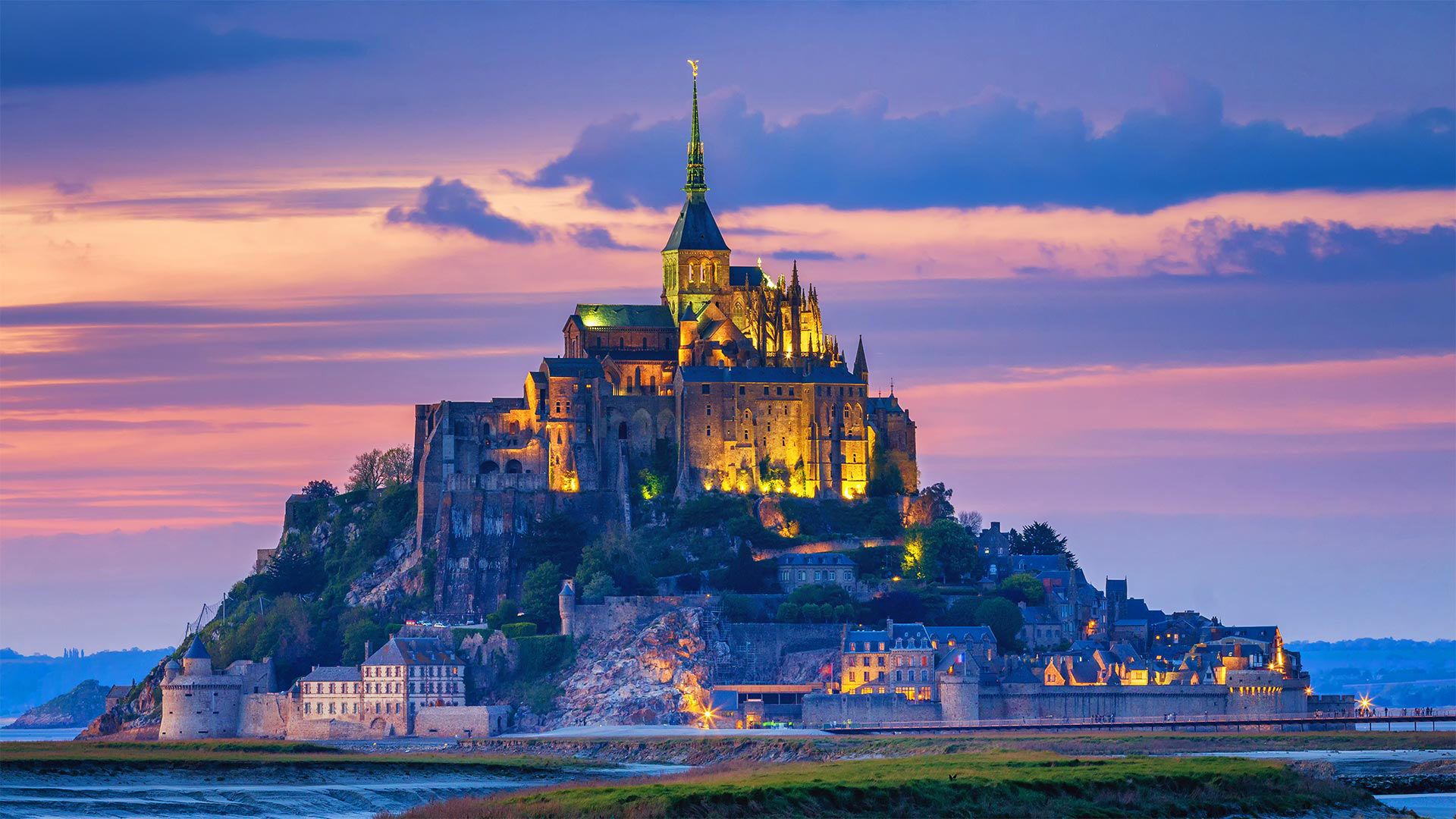 Mont-Saint-Michel, Normandie, Frankreich, Abtei, Dämmerung, Insel, Full HD, Breitbild-Hintergrundbild