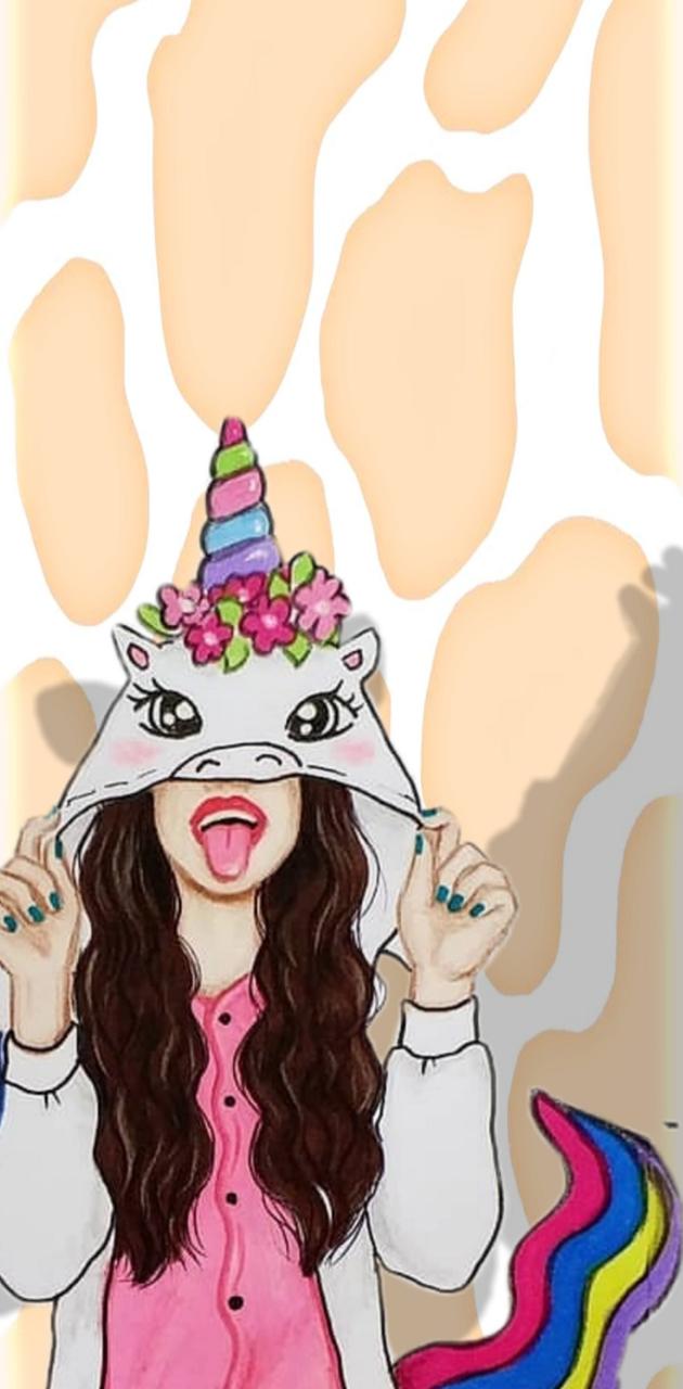 Mädchen, Einhorn-Mütze, Kuh-Muster, Illustration, Hintergrundbild für iPhone und Android