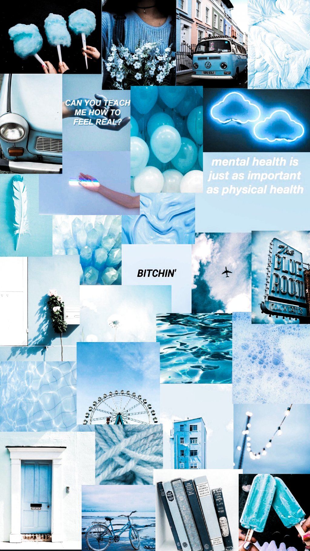 Collage, Blue Aesthetic, Neonwolke, Hellblau, Hochformat, HD, Handy-Hintergrundbild