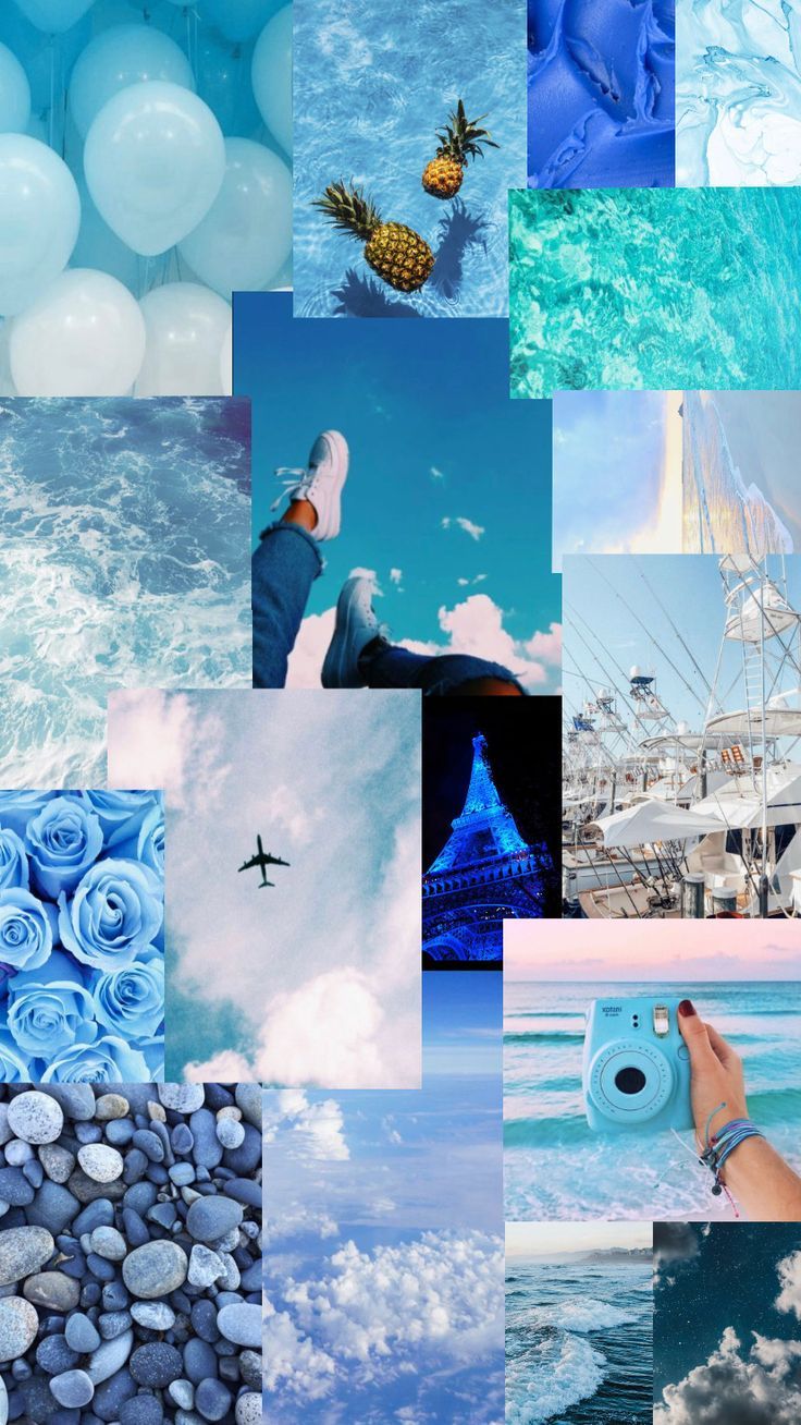Collage, Blue Aesthetic, Rosen, Meer, Türkis, Hochformat, Sperrbildschirm fürs iPhone