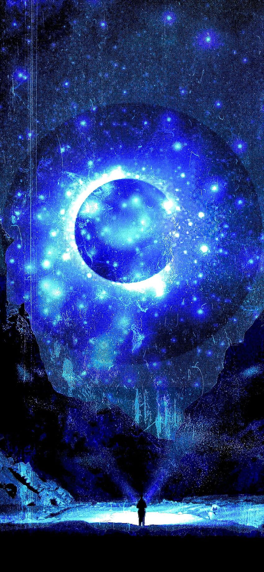 Mondsichel, Fantasy, Leuchtend, Sterne, Dunkelblau, Hochformat, Hintergrundbild fürs Handy