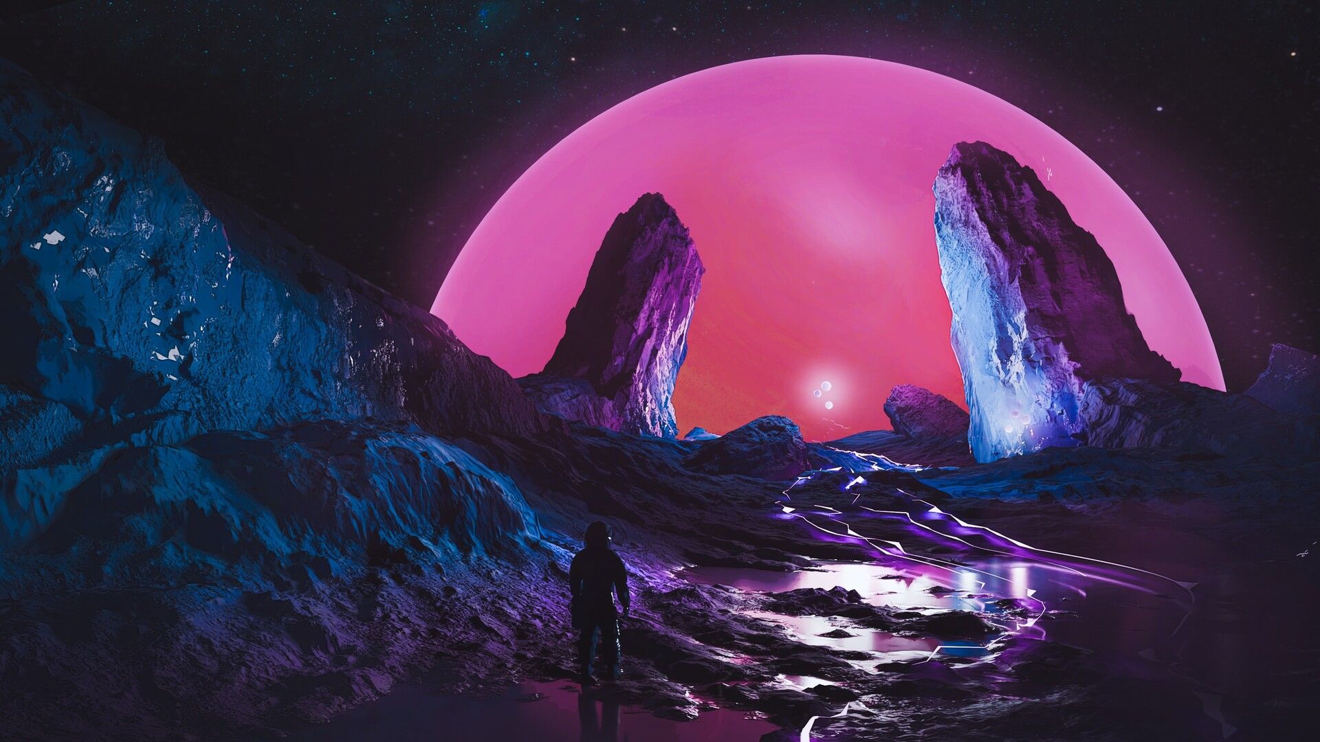 Sci-Fi-Landschaft, Rosa Planet, Felsen, Silhouette, Nacht, 3D-Kunst, Full HD, Desktop-Hintergrund