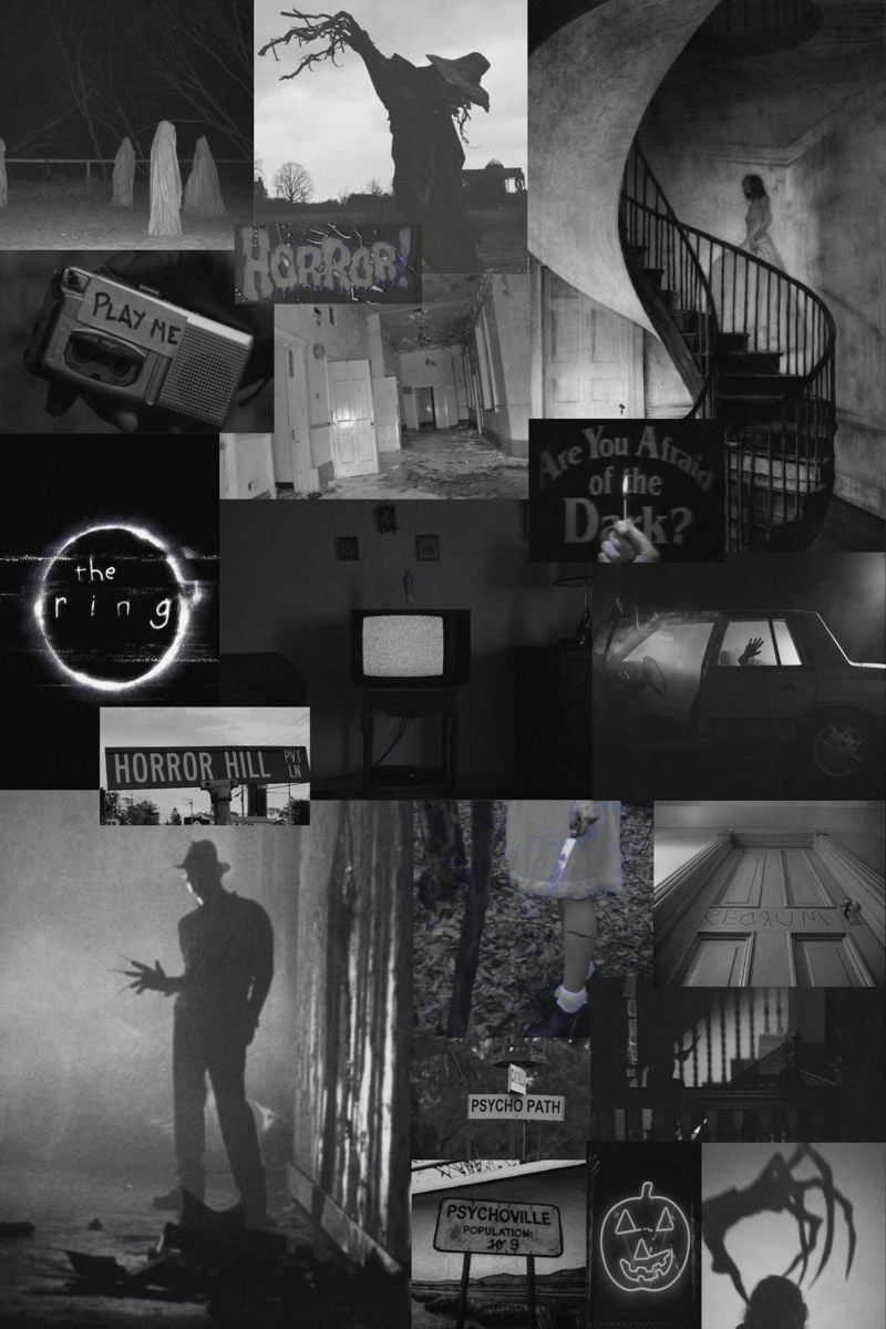 Horror-Collage, Schwarz-Weiß, Spukhaus, Silhouette, Düster, HD, Handy-Hintergrund