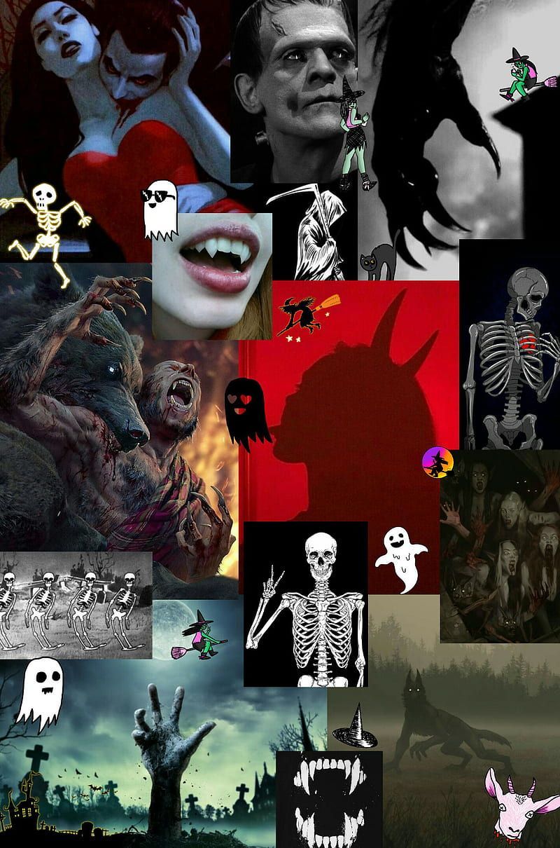 Horror-Collage, Frankenstein, Skelett, Zombies, Bunt, Hintergrundbild für iPhone und Android