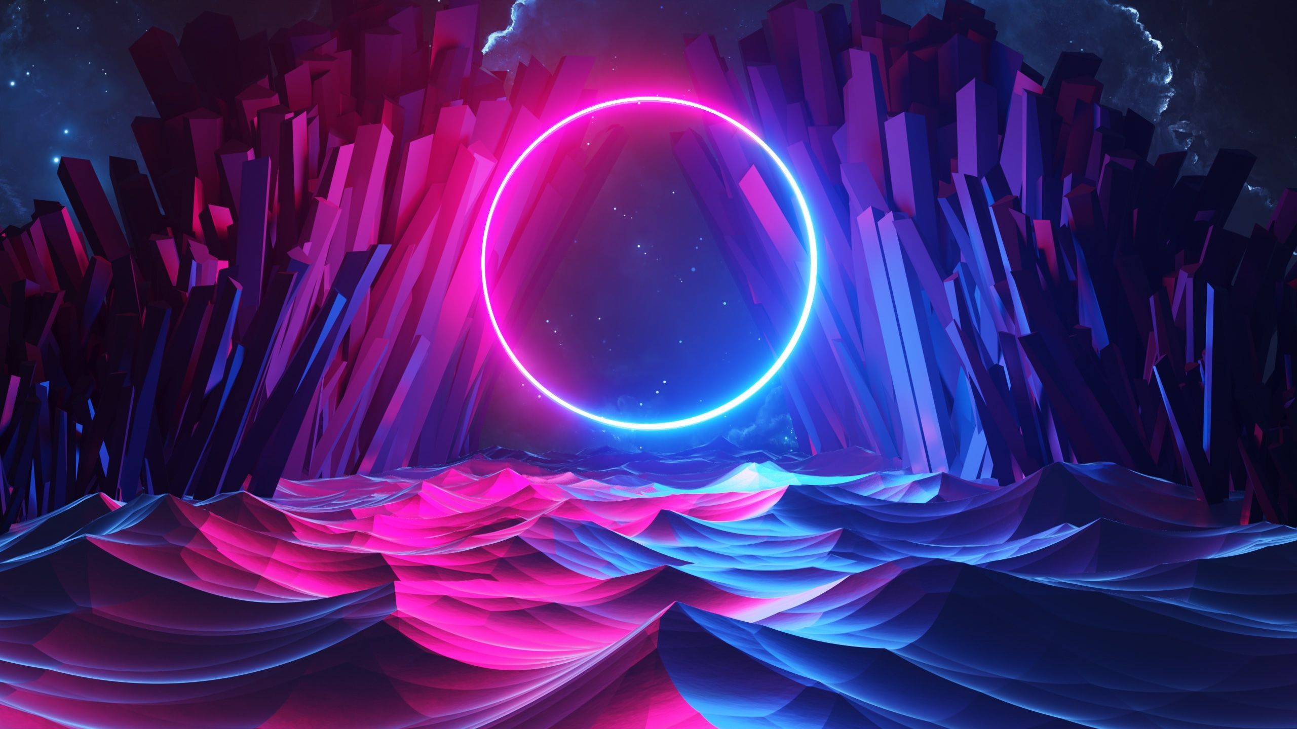 Neonring, Kristalle, Pink-Blau, Synthwave, 3D-Rendering, 2K-Hintergrundbild für PC