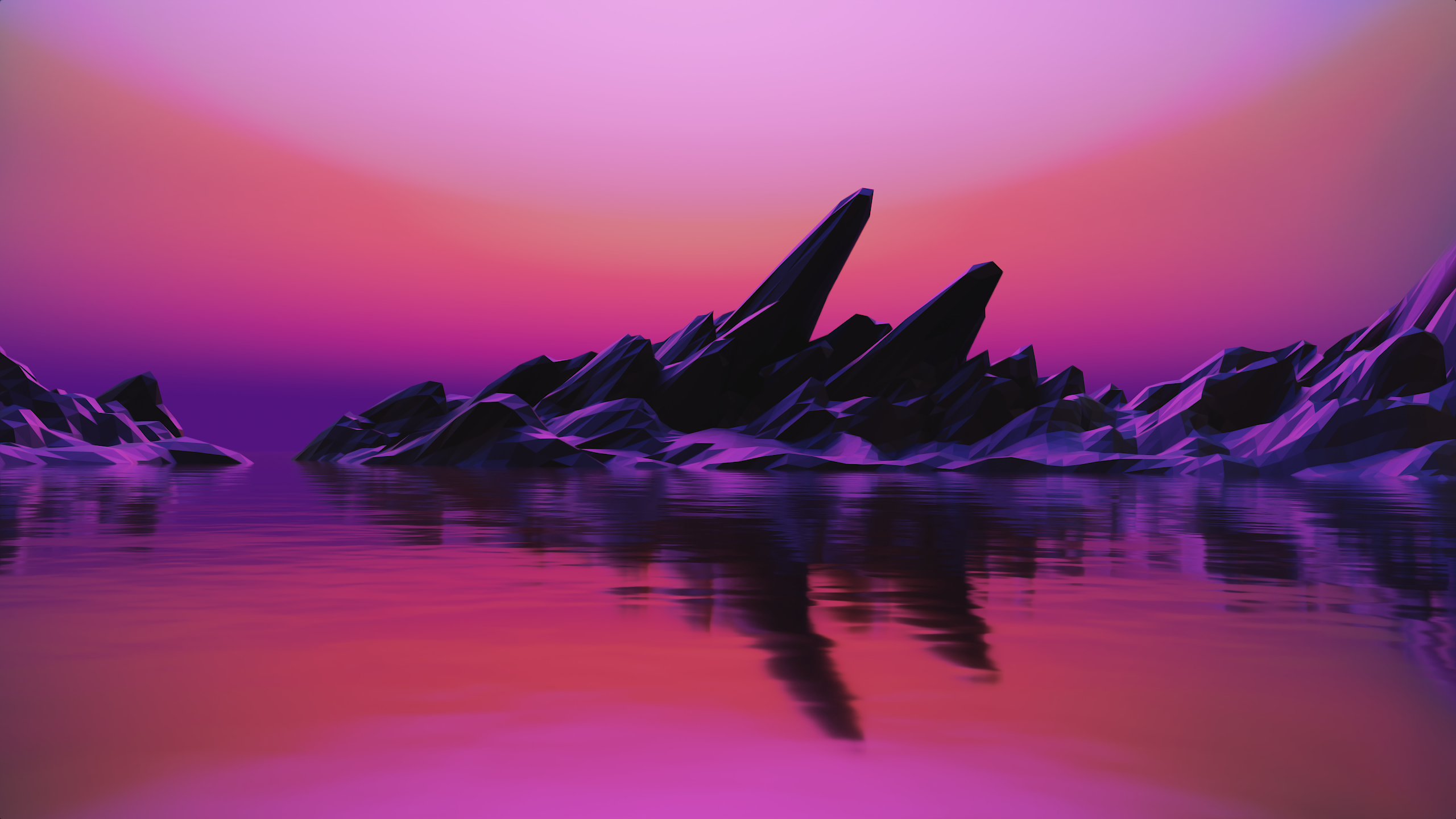 Felsen, Wasser, Spiegelung, Rosa Himmel, Surreal, 3D-Landschaft, 2K, PC-Hintergrundbild