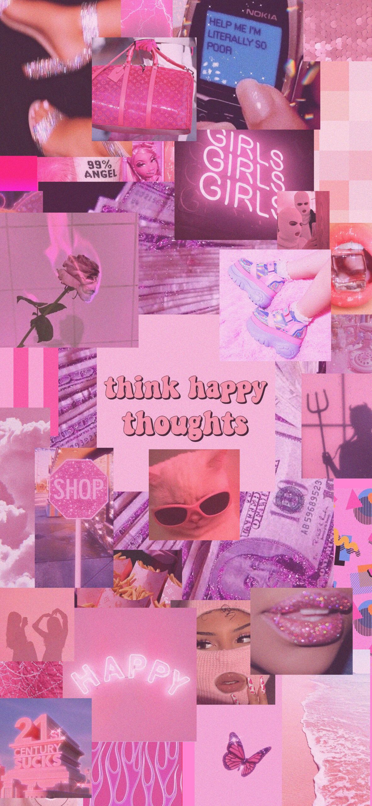 Collage, Think happy thoughts, Pink, Lila, Ästhetik, Full HD, Handy-Hintergrund im Hochformat