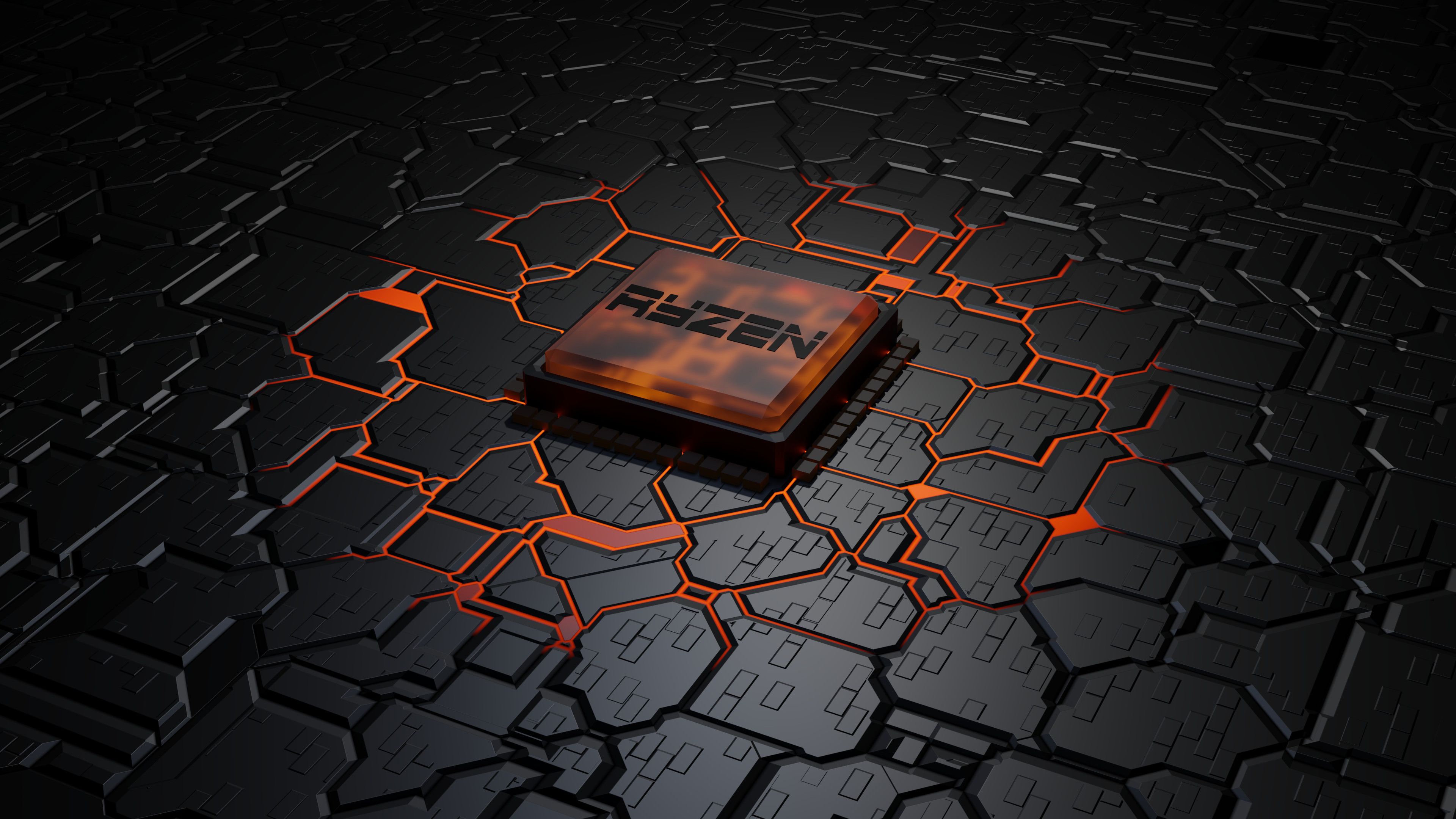 AMD Ryzen, Prozessor, Platine, Orange Leiterbahnen, 3D-Rendering, 4K, Laptop-Hintergrundbild