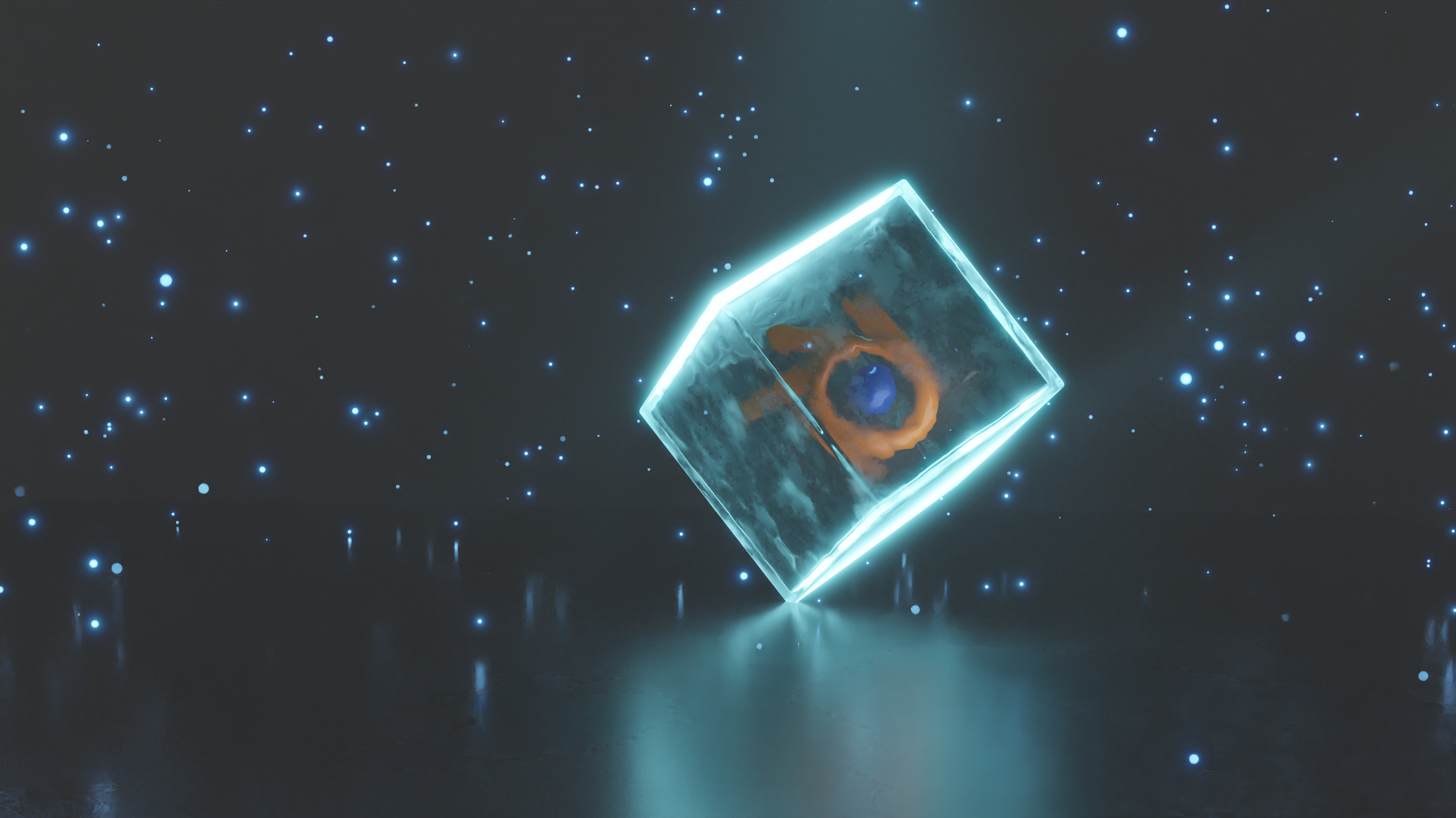 Glaswürfel, Blender-Logo, Partikel, Türkis, Dunkel, 4K 2160p, Desktop-Hintergrundbild
