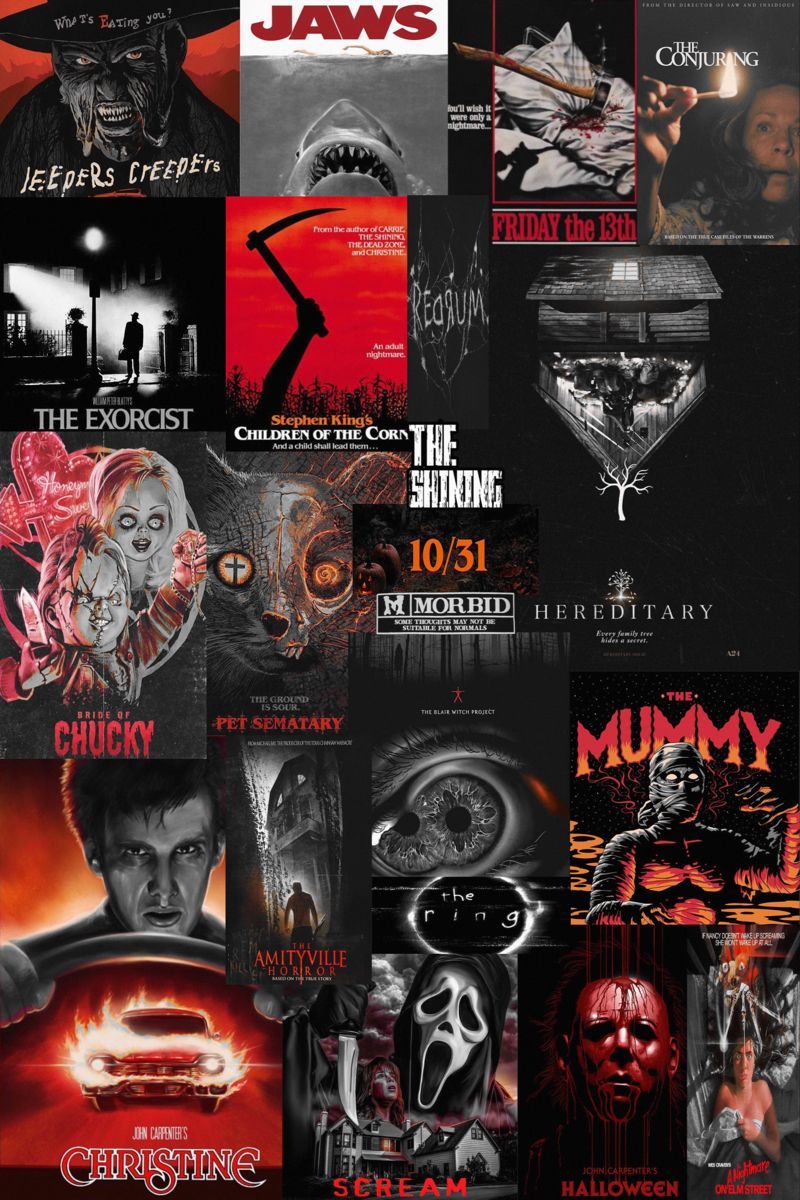 Der weiße Hai, Die Mumie, Der Exorzist, Chucky, Filmplakate, Collage, HD, Handy-Hintergrundbild