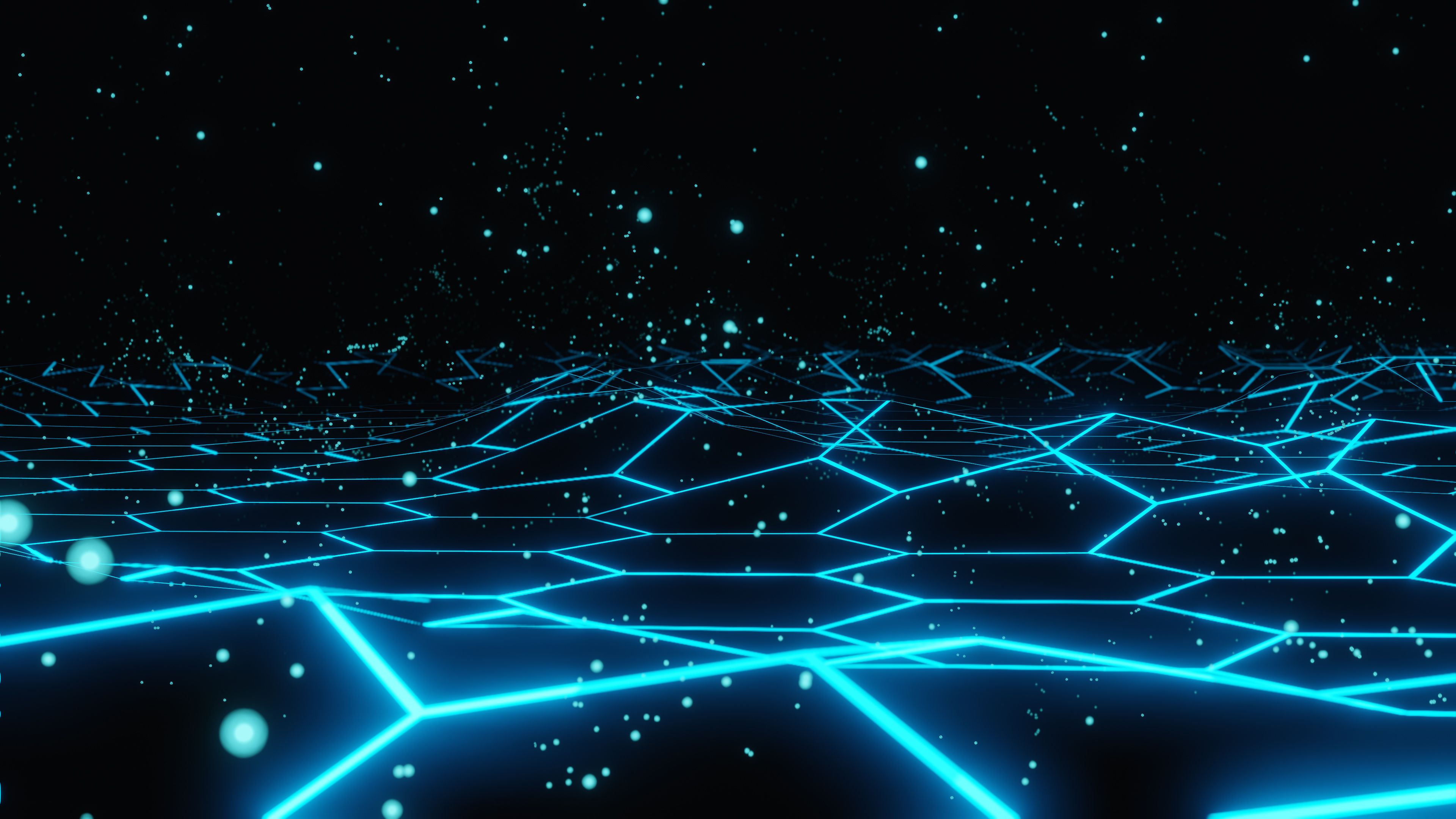 Sechseck-Gitter, Neonlinien, Cyberpunk, Türkis, Partikel, 3840x2160, Desktop-Hintergrund