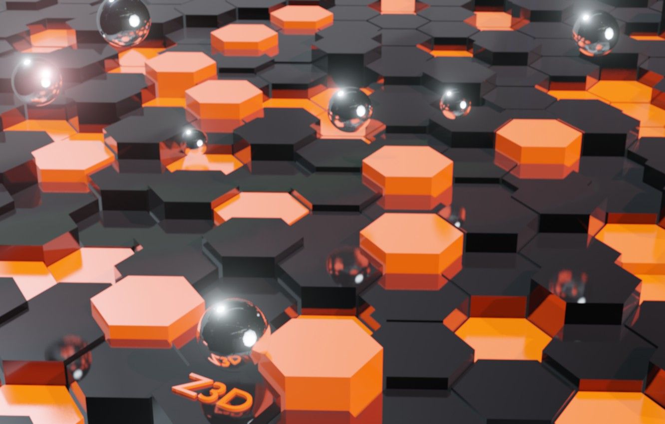Sechsecke, Metallkugeln, Orange-Schwarz, 3D-Rendering, Geometrisch, HD, PC-Hintergrundbild