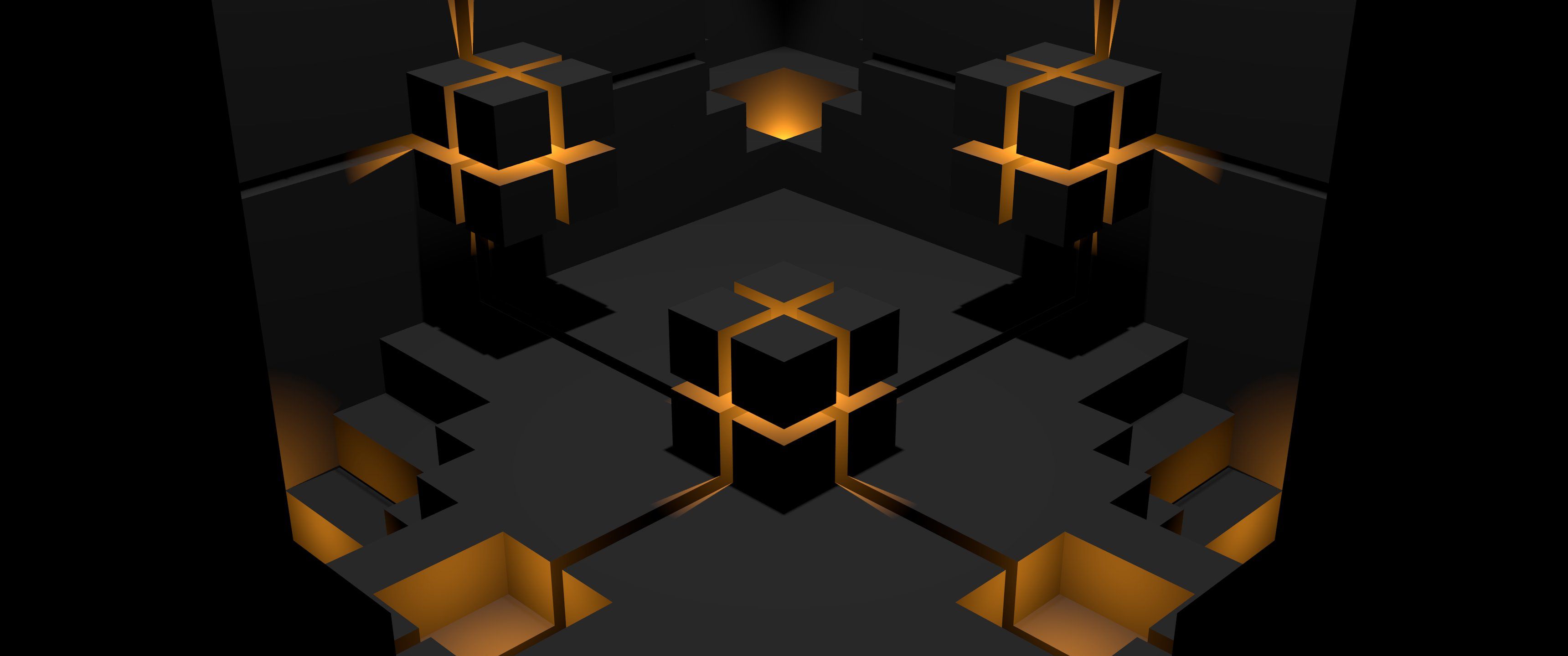 Würfel, Leuchtende Kanten, Raum, Orange, Schwarz, 3D-Rendering, 2K, Windows-Hintergrundbild