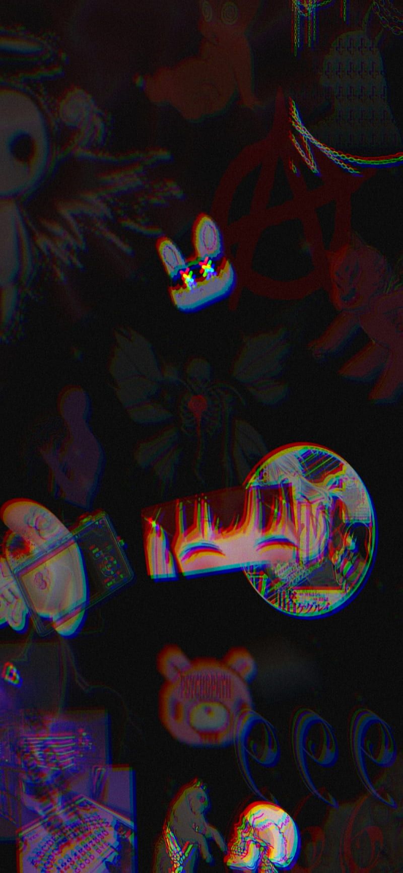 Gruselige Figuren, Collage, Dunkel, Neonfarben, Unheimlich, Hintergrundbild fürs Handy