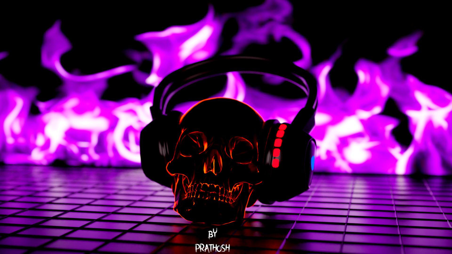 Totenkopf, Kopfhörer, Lila Flammen, Synthwave, 3D-Kunst, Full HD, PC-Hintergrundbild