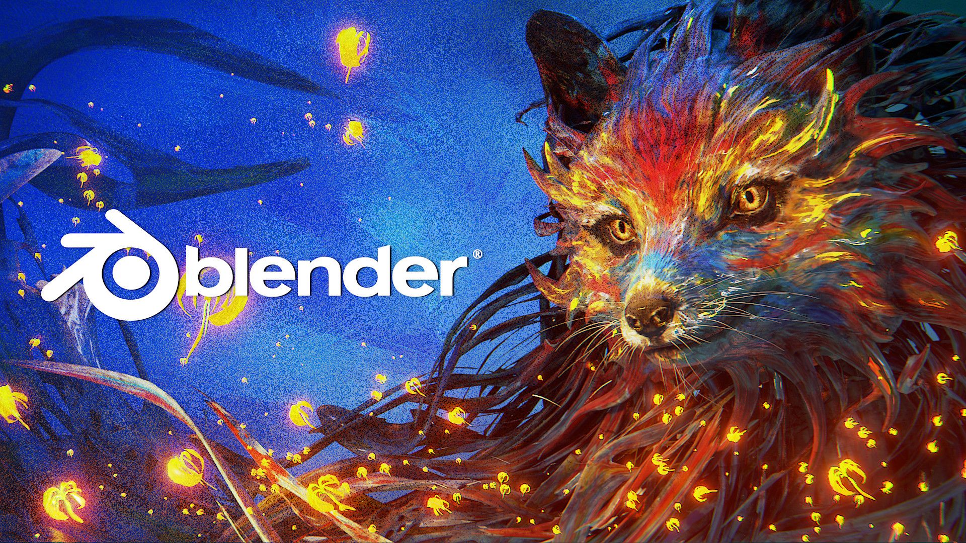Blender, Splashscreen, Fuchs, Laternen, Bunt, Digitale Kunst, 1920x1080, PC-Hintergrundbild