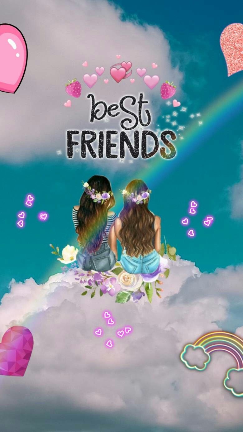 Best Friends, Freundinnen, Wolken, Regenbogen, Hochformat, Hintergrundbild fürs Smartphone