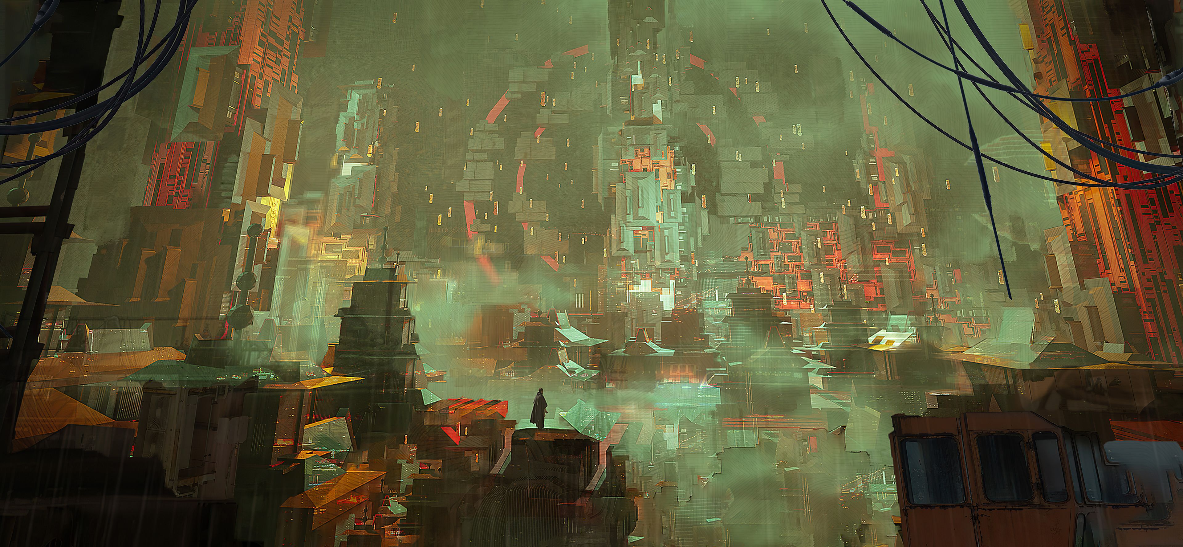 Ruinenstadt, Postapokalyptisch, Sci-Fi, Konzeptkunst, Grün-Rot, 4K, Desktop-Hintergrund