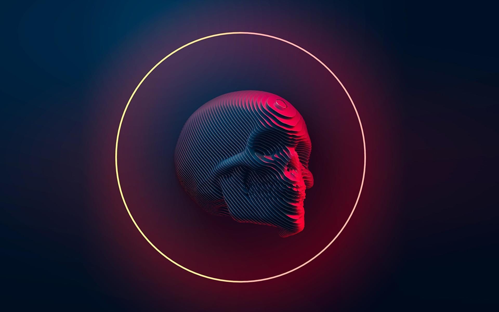 Totenkopf, Schichtenmodell, Leuchtring, Dunkelblau, Rot, Full-HD-Hintergrundbild für PC