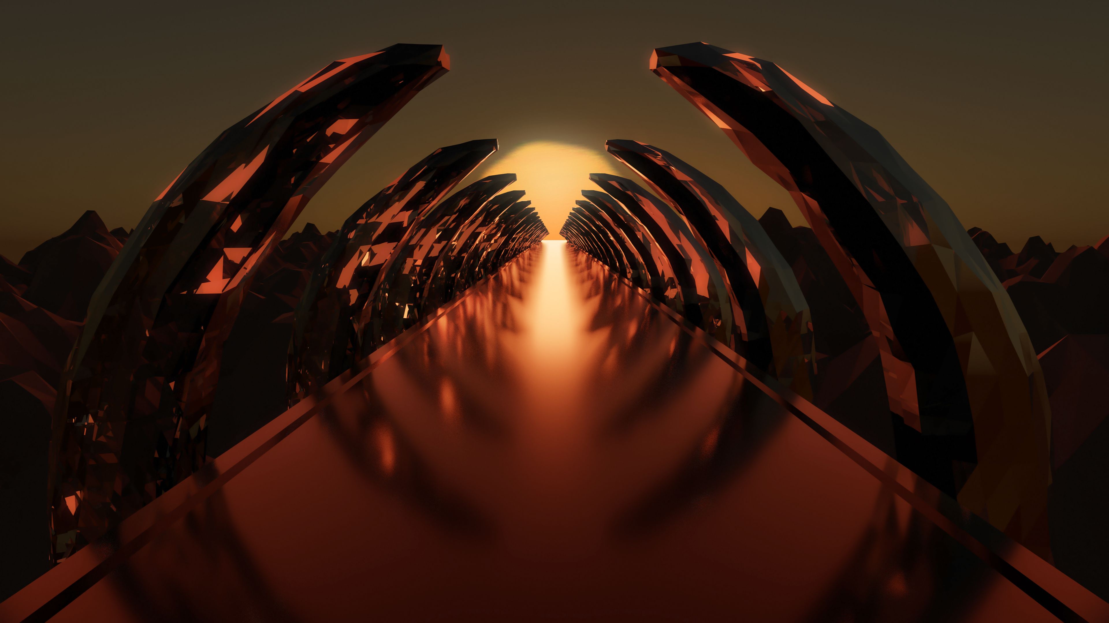 Tunnel, Bögen, Sonnenuntergang, Sci-Fi, Orange, 3D-Rendering, 4K, PC-Hintergrundbild