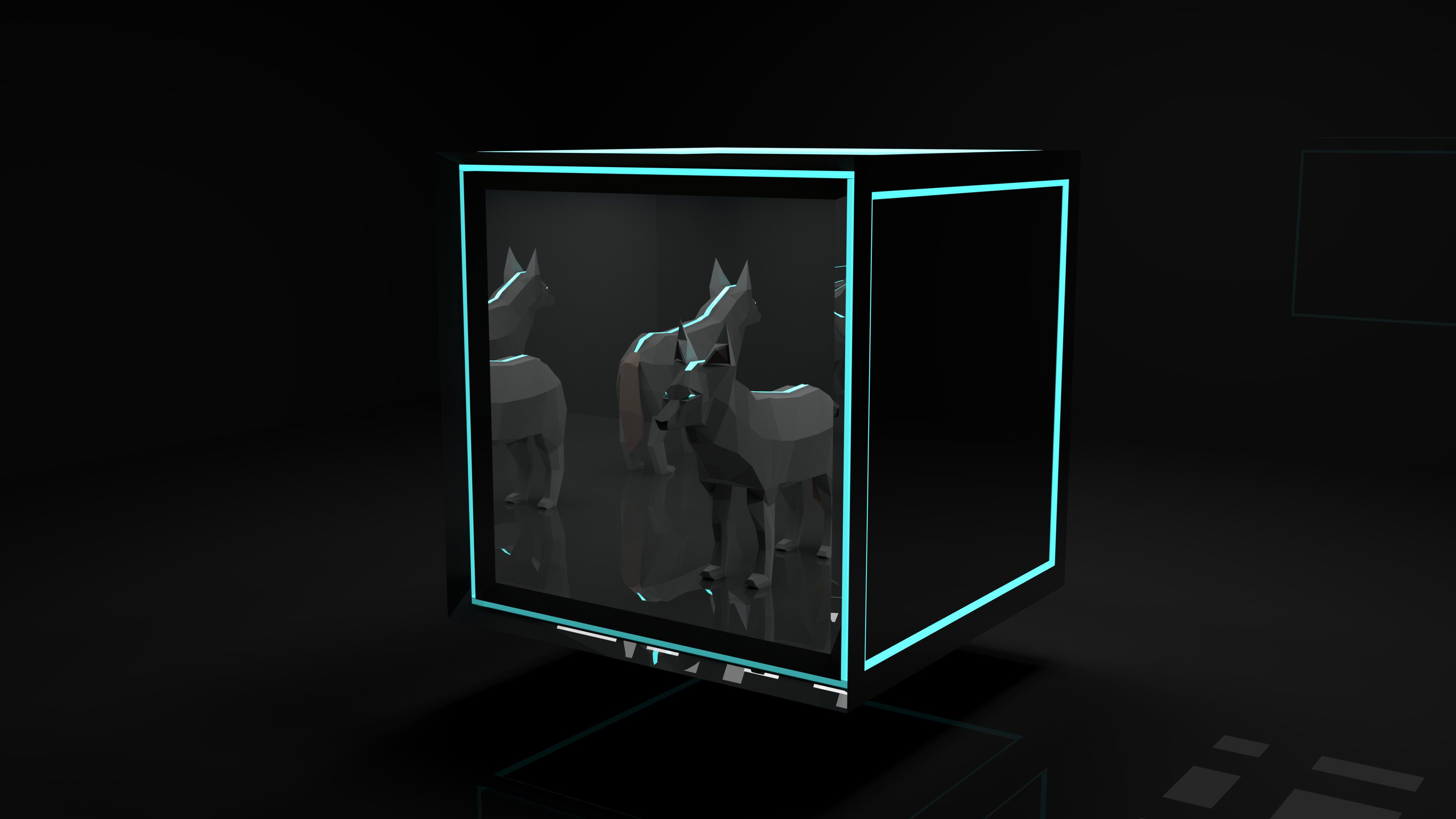 Glaswürfel, Pferde-Skulptur, Neon-Kanten, Schwarz, 3D-Rendering, 4K, Windows-Hintergrundbild