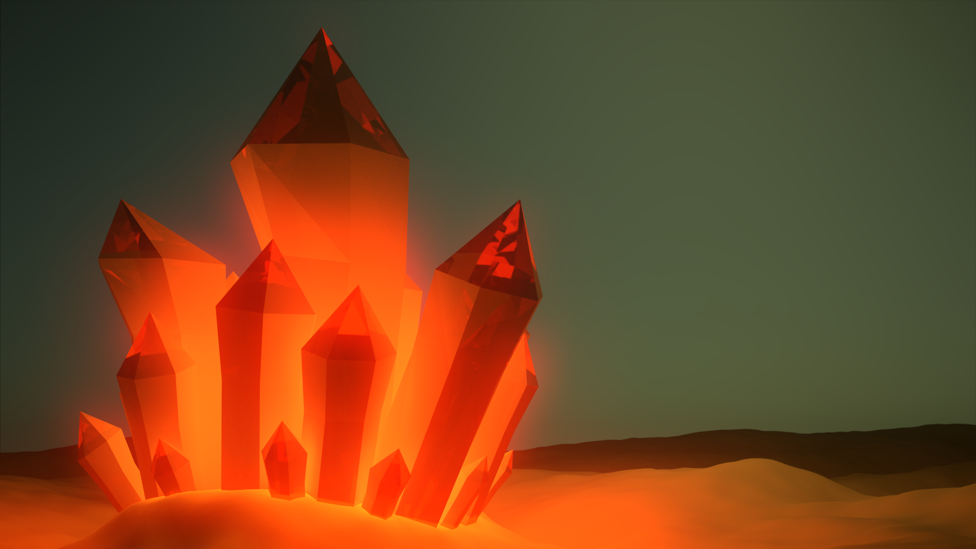 Kristalle, Leuchtend, Orange, Wüste, Low Poly, 3D-Rendering, 1920x1080, Desktop-Hintergrund