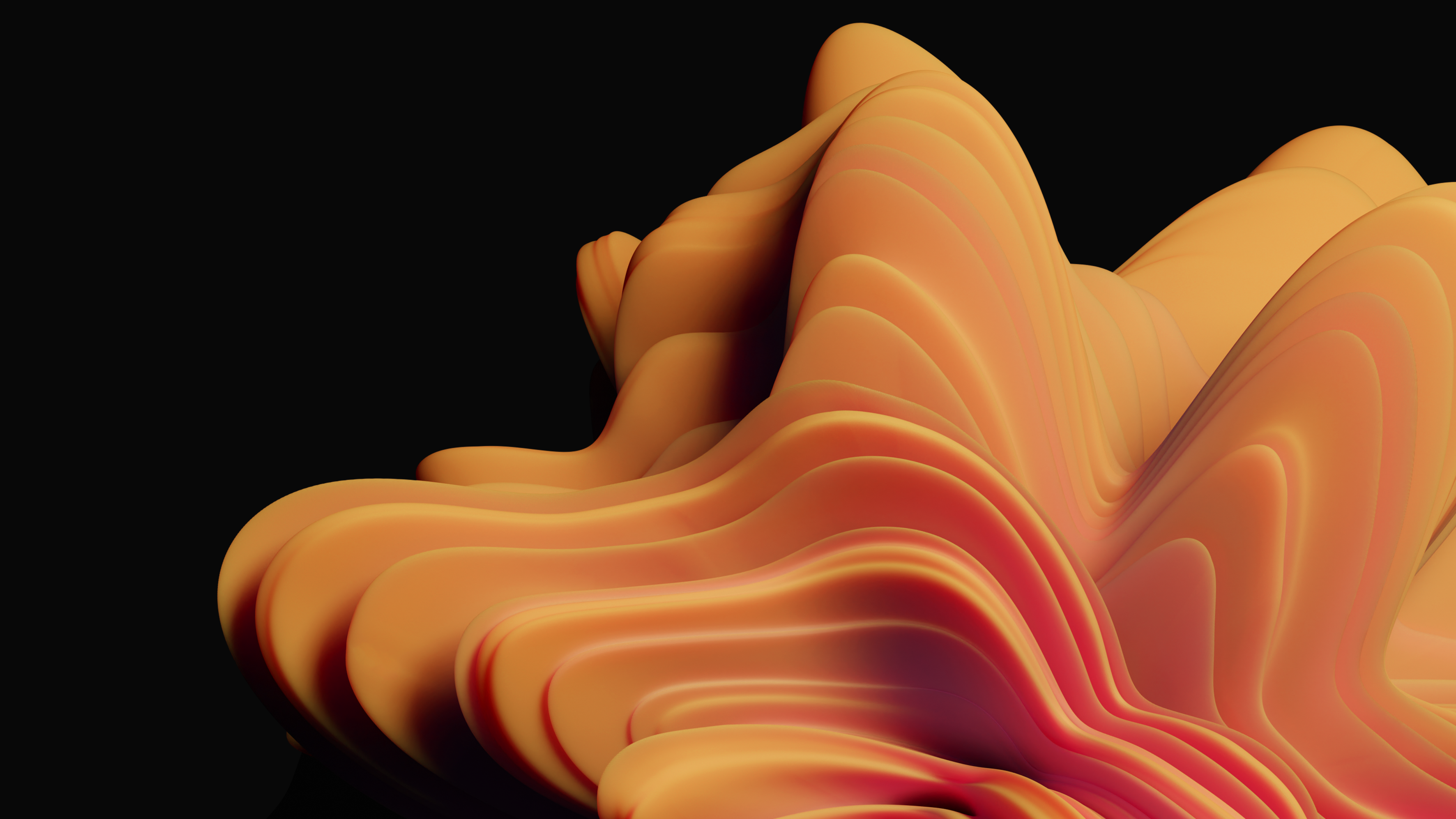 Abstrakte Wellen, Schichten, Orange, Schwarzer Hintergrund, 3D-Rendering, 4K Wallpaper