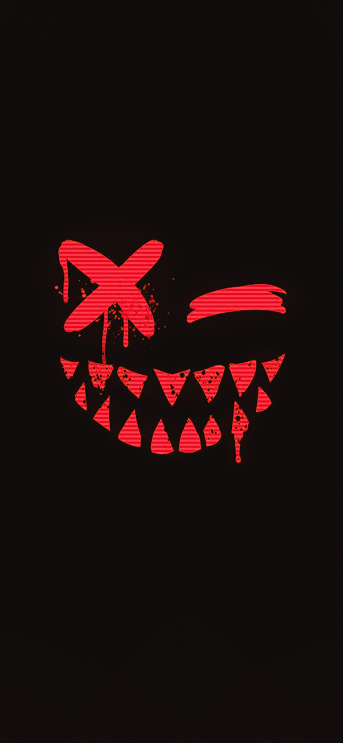 Gruseliges Grinsen, Rotes Gesicht, Spitze Zähne, Schwarzer Hintergrund, Minimalistisch, Sperrbildschirm